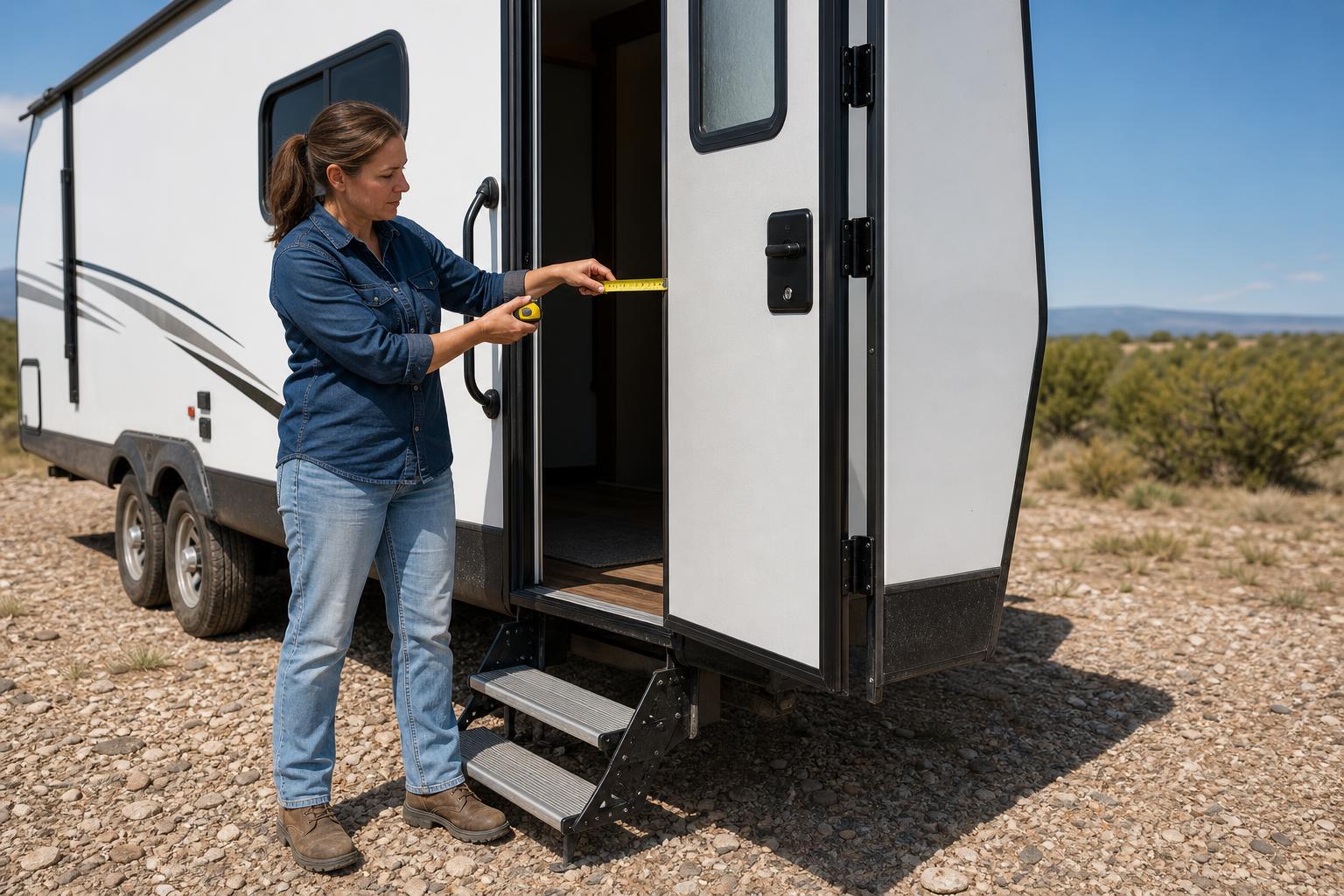 An RV owner measures the thickness of an open right-hinged travel trailer door before installing a compatible keyless RV lock.