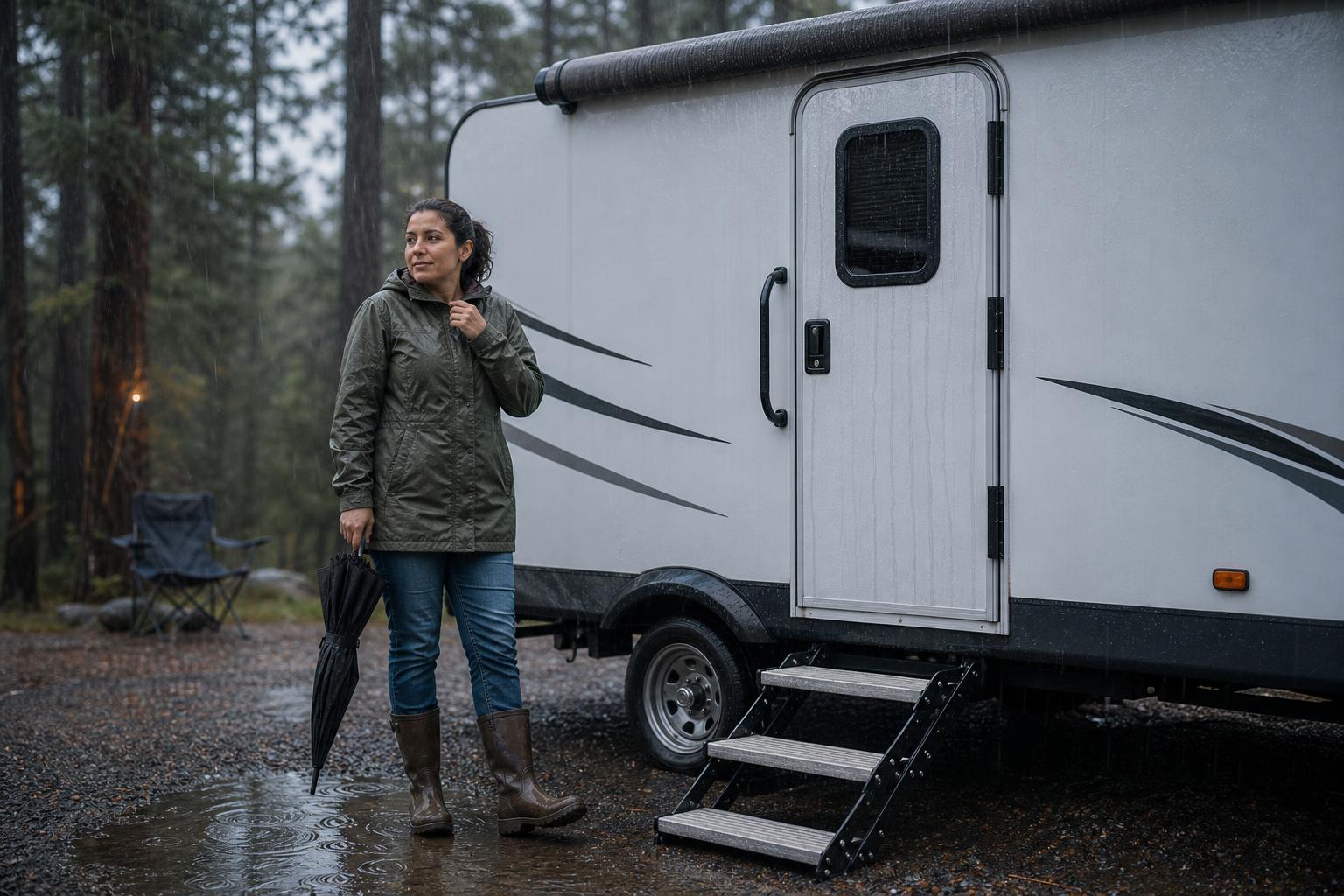 Rain runs down a closed travel trailer entry door at a campsite, showing splash-resistant conditions for an IP54 RV door lock.