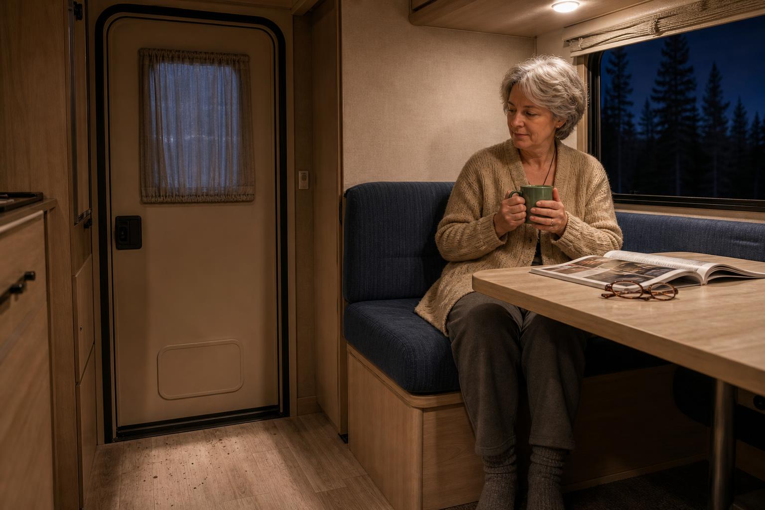 A camper relaxes inside her travel trailer at night, illustrating the private sanctuary and interior security of a keyless RV lock.
