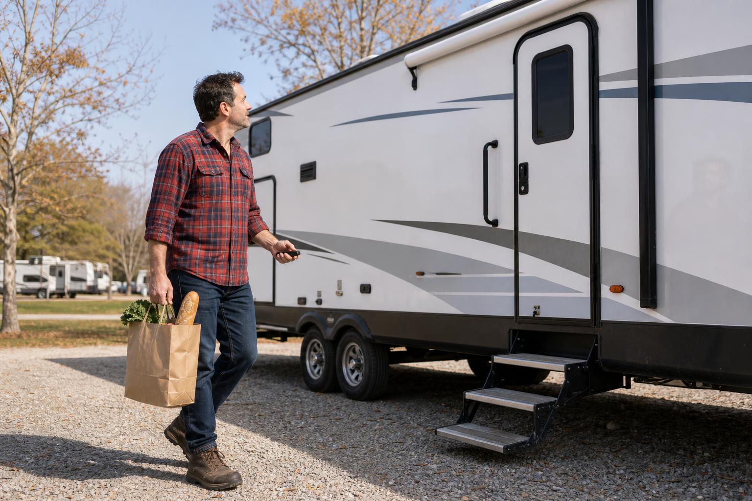An RV owner carrying groceries approaches his travel trailer with a remote fob, showing convenient remote RV lock access.