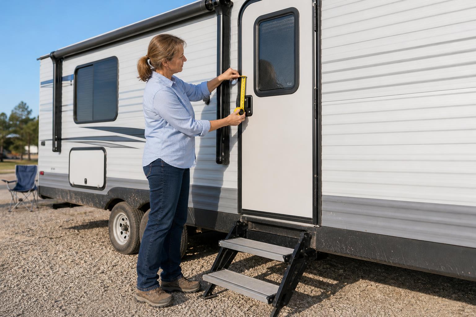 RV owner measuring the existing lock panel on a right-hinged camper door to confirm smart RV lock compatibility before buying.