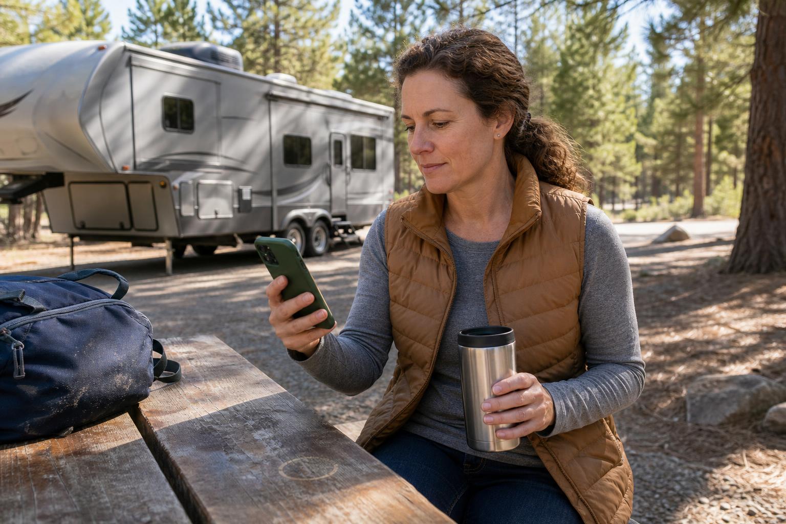 RV owner using a phone at a remote campground, illustrating local Bluetooth control for a subscription-free RV lock.