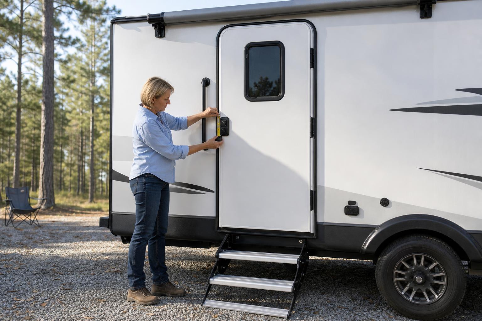 An RV owner measures the existing door lock panel before buying a smart RV lock, emphasizing compatibility and proper fit checks.