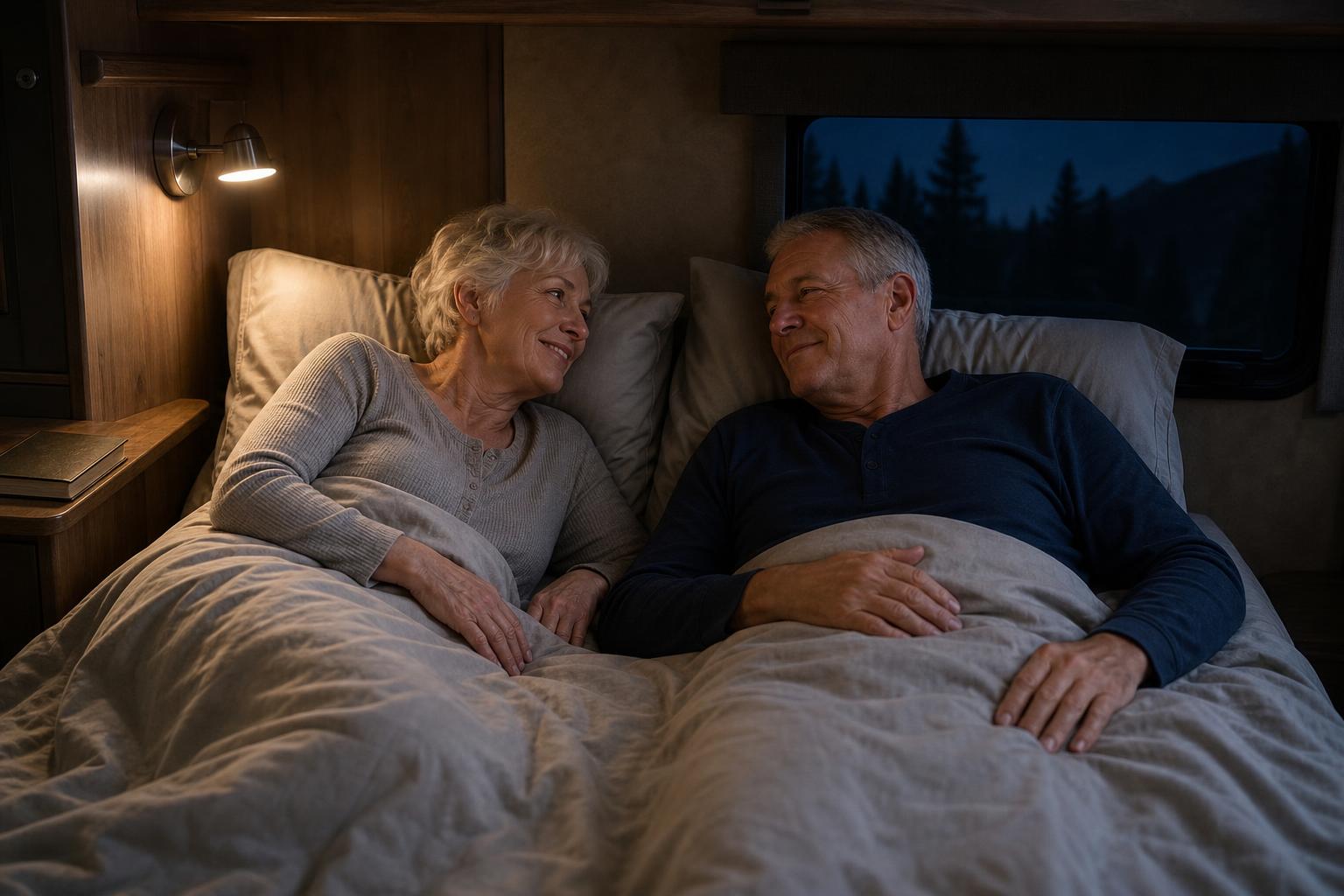RV couple resting peacefully inside their camper at night, representing the reassurance of internal mechanical security.