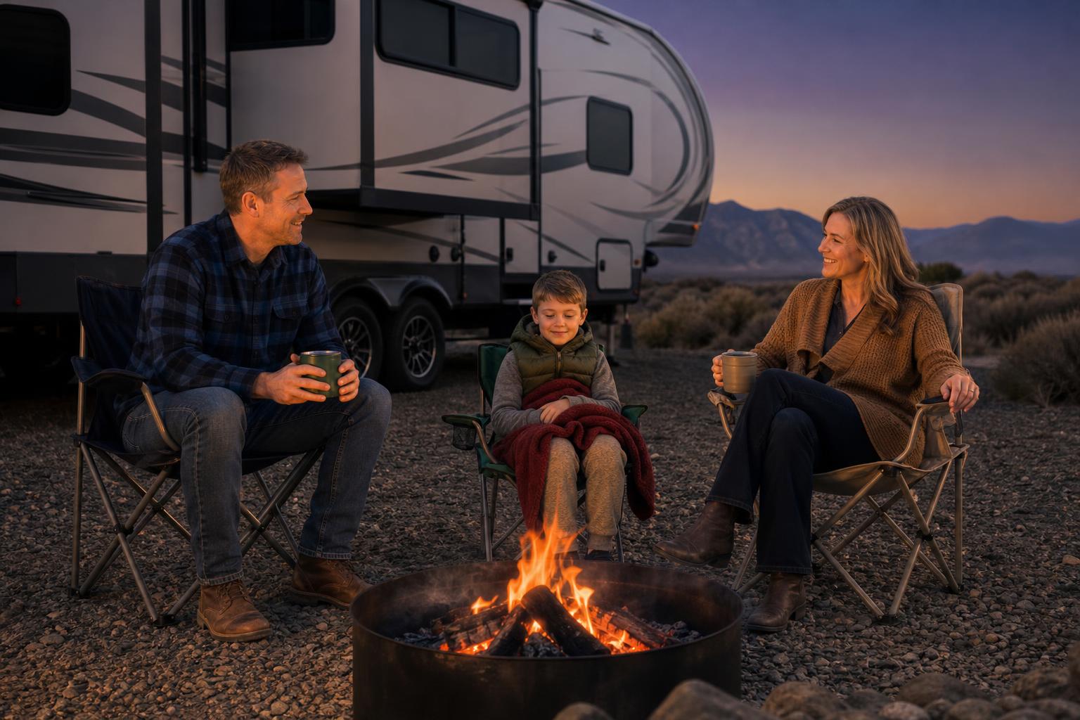A family relaxes safely by a campfire beside their towable RV, representing the peace of mind behind smart RV lock security features.