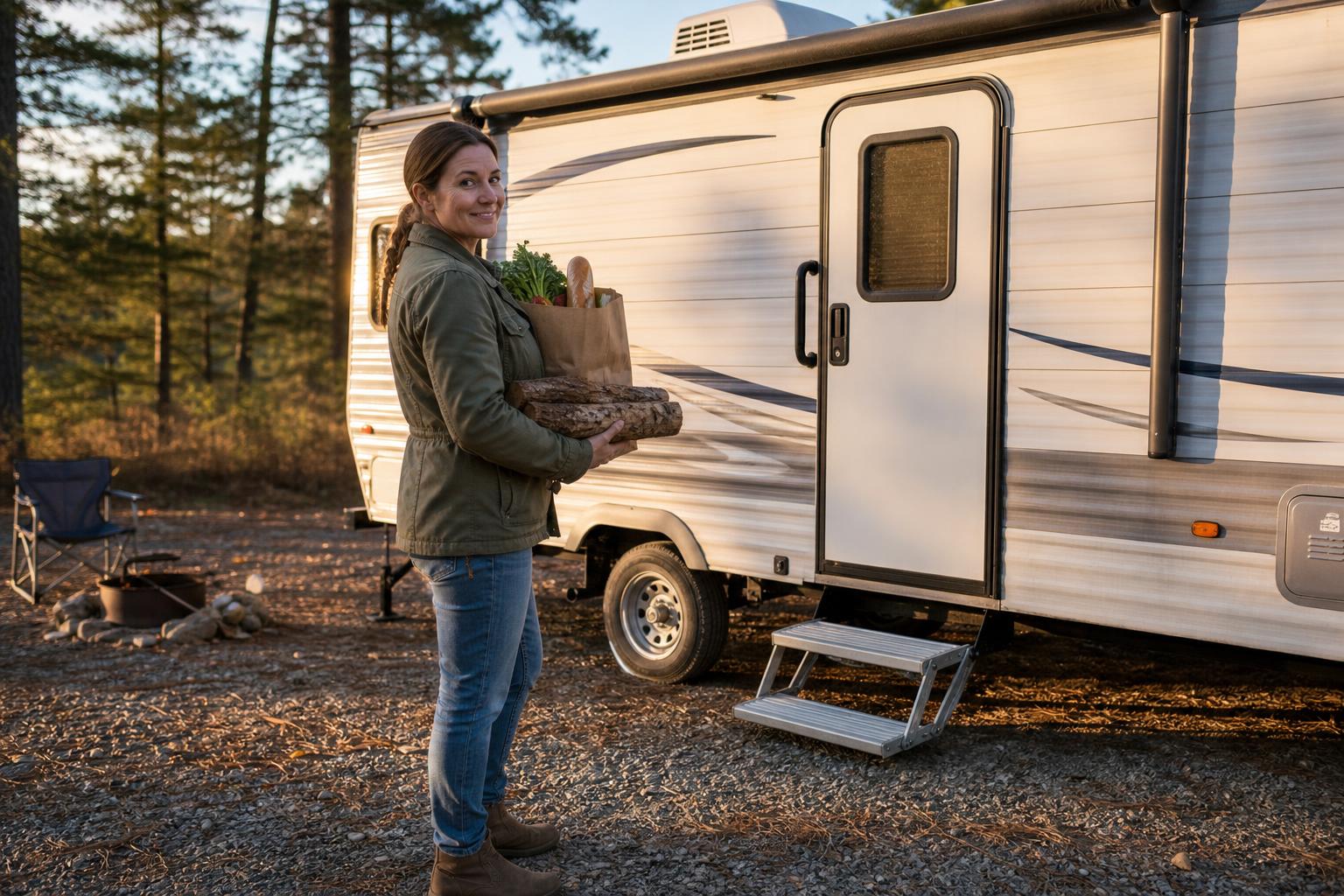 RV owner carrying groceries and firewood back to a camper, showing everyday keyless-entry convenience with a subscription-free RV lock.