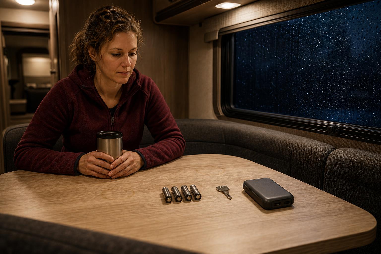Four AA batteries, a mechanical backup key, and a portable power bank on an RV table illustrate smart RV lock battery backup planning.