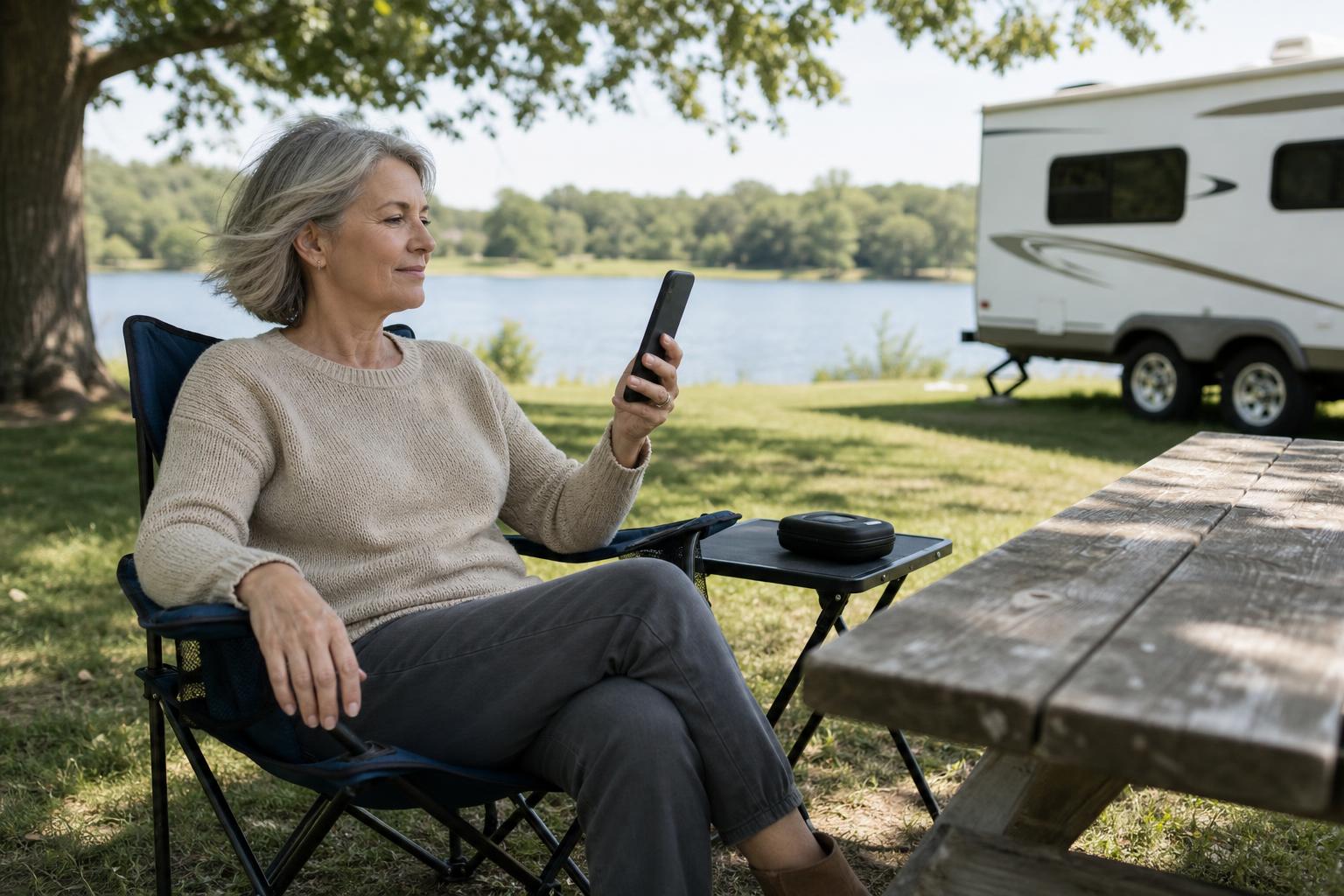 An RV owner uses a smartphone from a lakeside campsite, showing flexible keyless access convenience without carrying traditional keys.