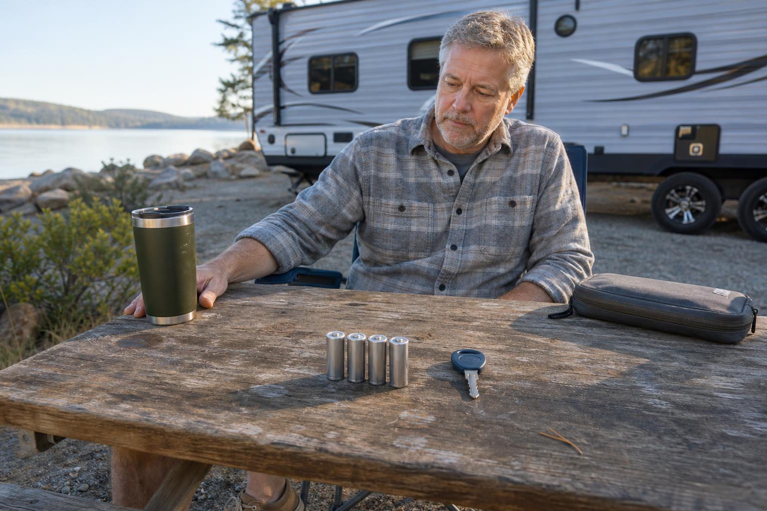 Four fresh AA batteries and a mechanical backup key on a campsite picnic table for RV keypad lock troubleshooting.