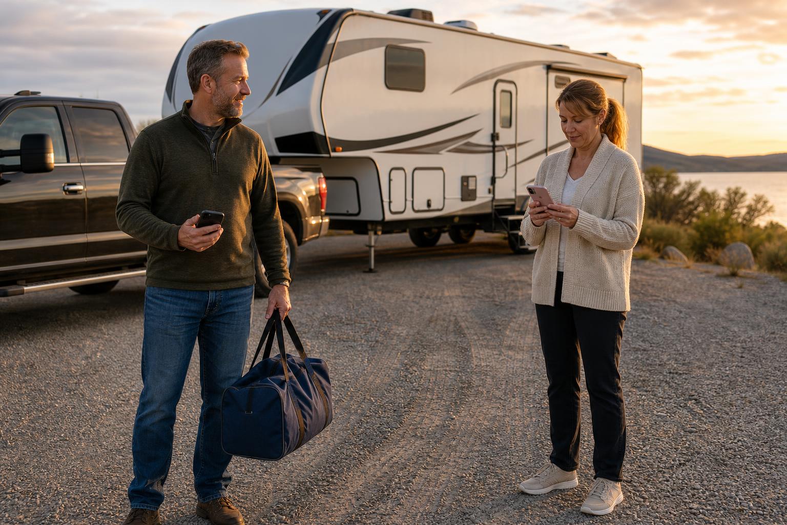 RV couple at a campground using separate phones while managing a one-device-at-a-time Bluetooth connection.