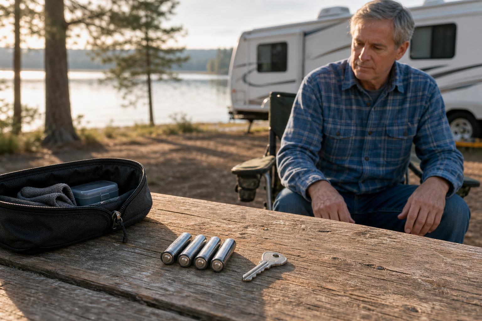 Four fresh AA batteries and a mechanical backup key on an RV campsite picnic table for checking smart RV lock power.