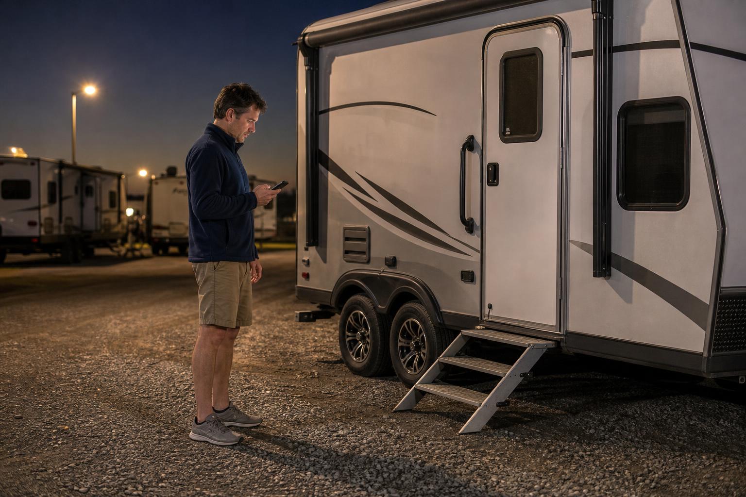 RV owner standing closer to his travel trailer in a crowded RV park while checking Bluetooth lock range and interference.