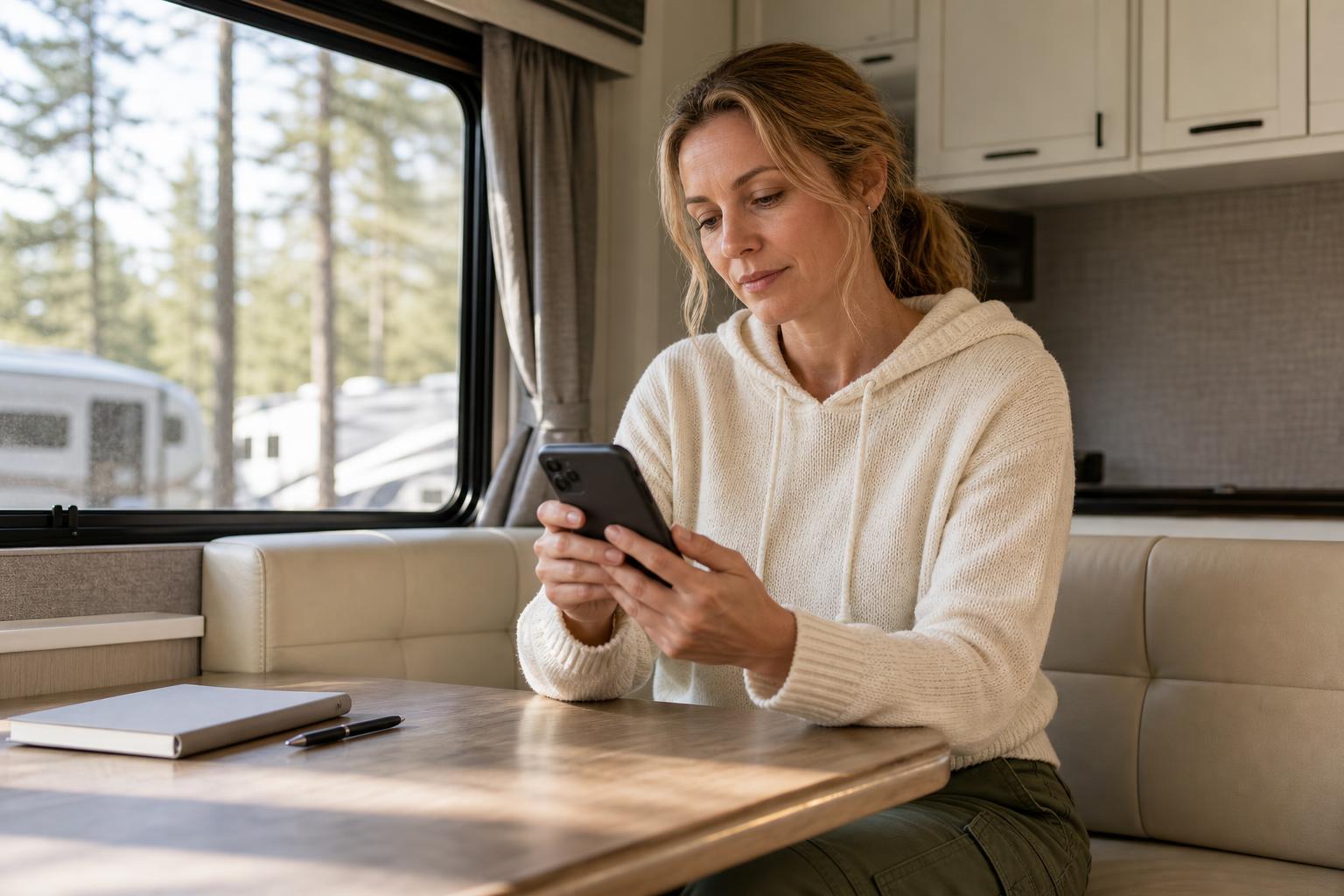 RV owner checking a phone and lock manual inside her camper while troubleshooting a rejected RV keypad lock code.
