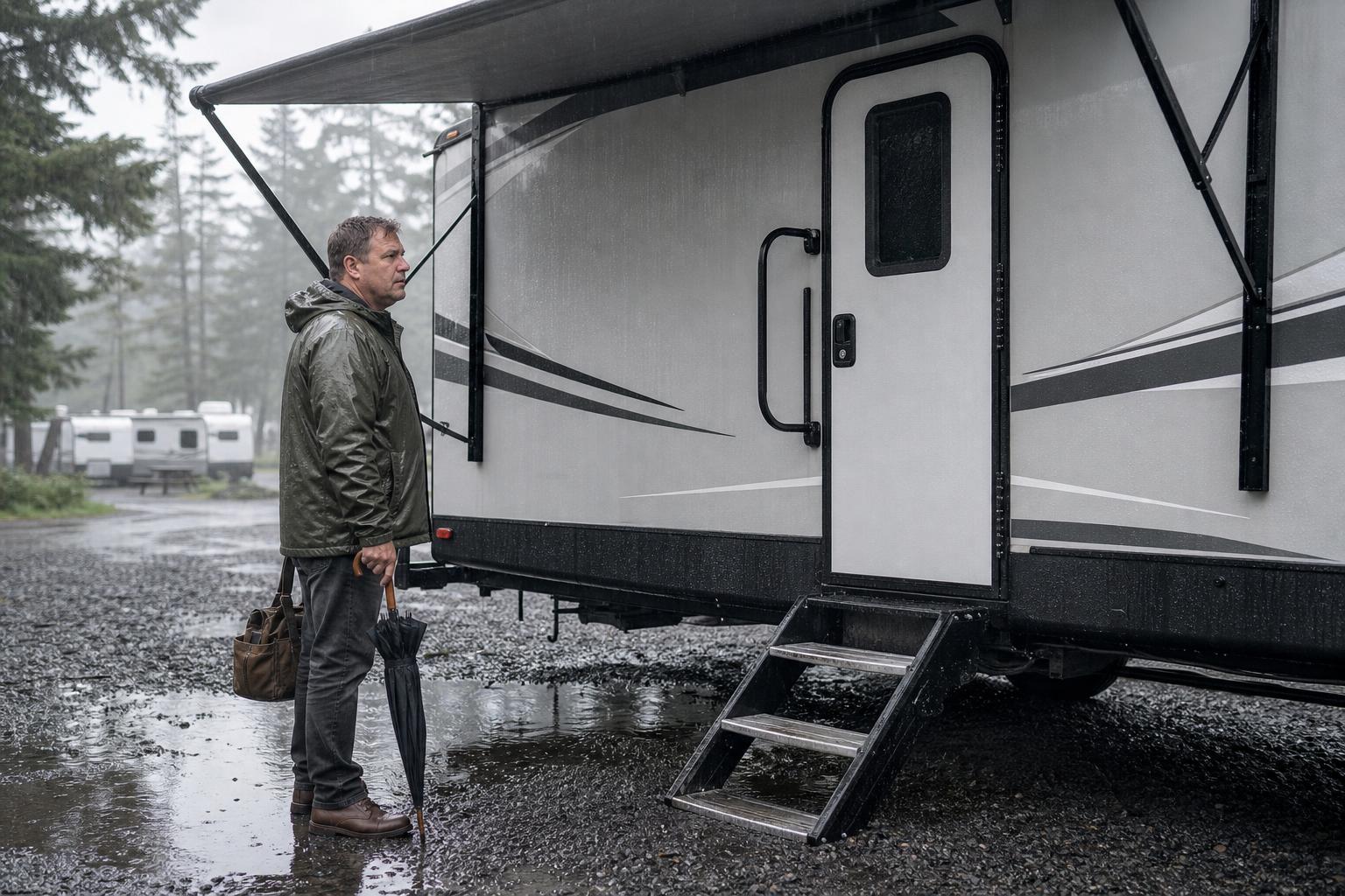 Rain falling on a travel trailer entry door while an RV owner waits under the awning, illustrating weather-related RV keypad lock problems.
