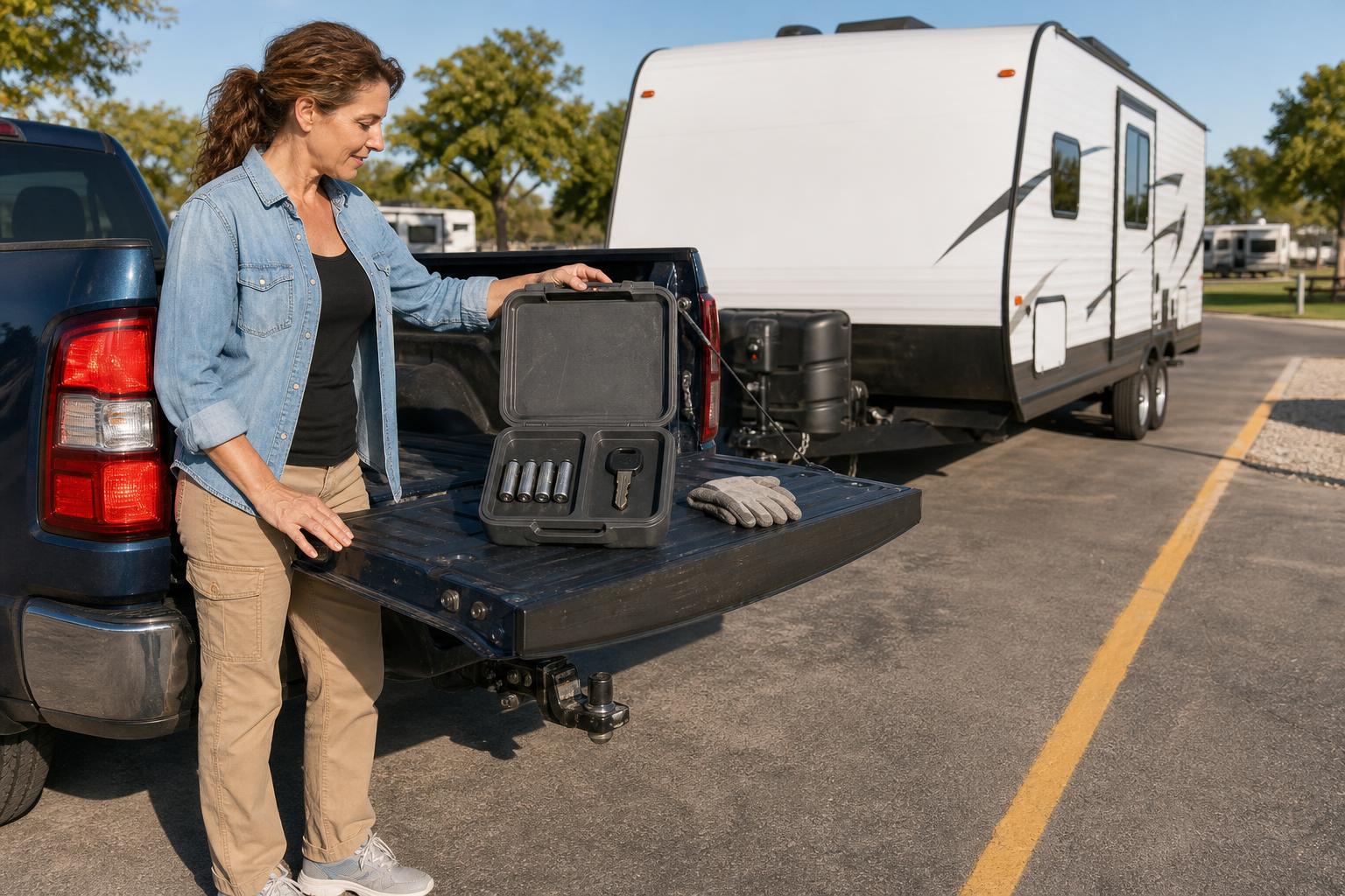 RV owner preparing four AA batteries and a mechanical backup key in a maintenance kit before towing her travel trailer.