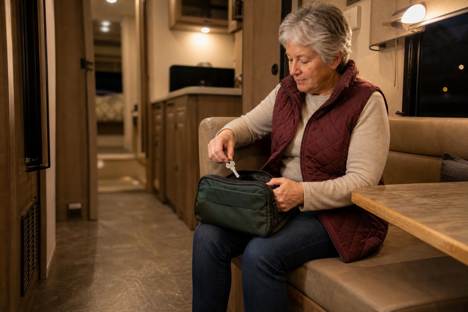 RV owner placing a mechanical backup key into a travel pouch inside her camper after Bluetooth lock troubleshooting.