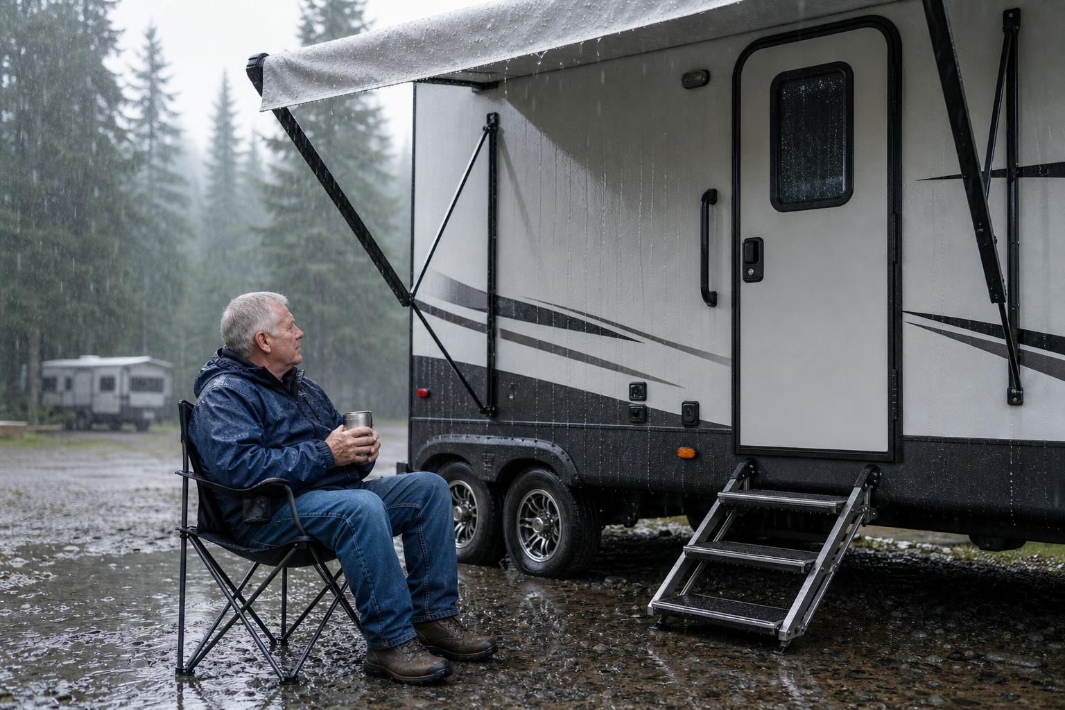 Rain runs down a travel trailer entry door as an RV owner waits under the awning to prevent moisture damage.