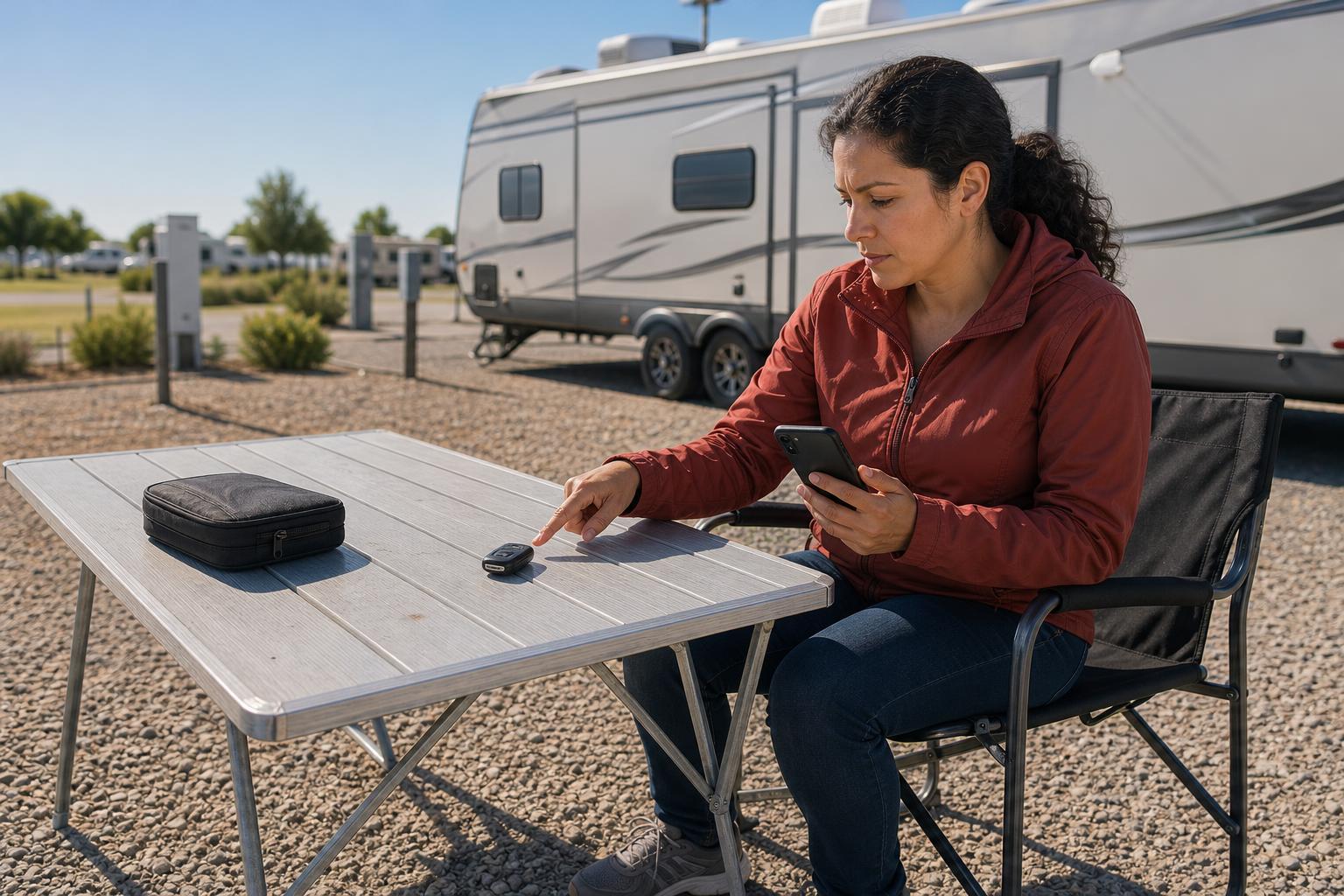 RV owner comparing a remote fob and phone while diagnosing an RV lock code not working.