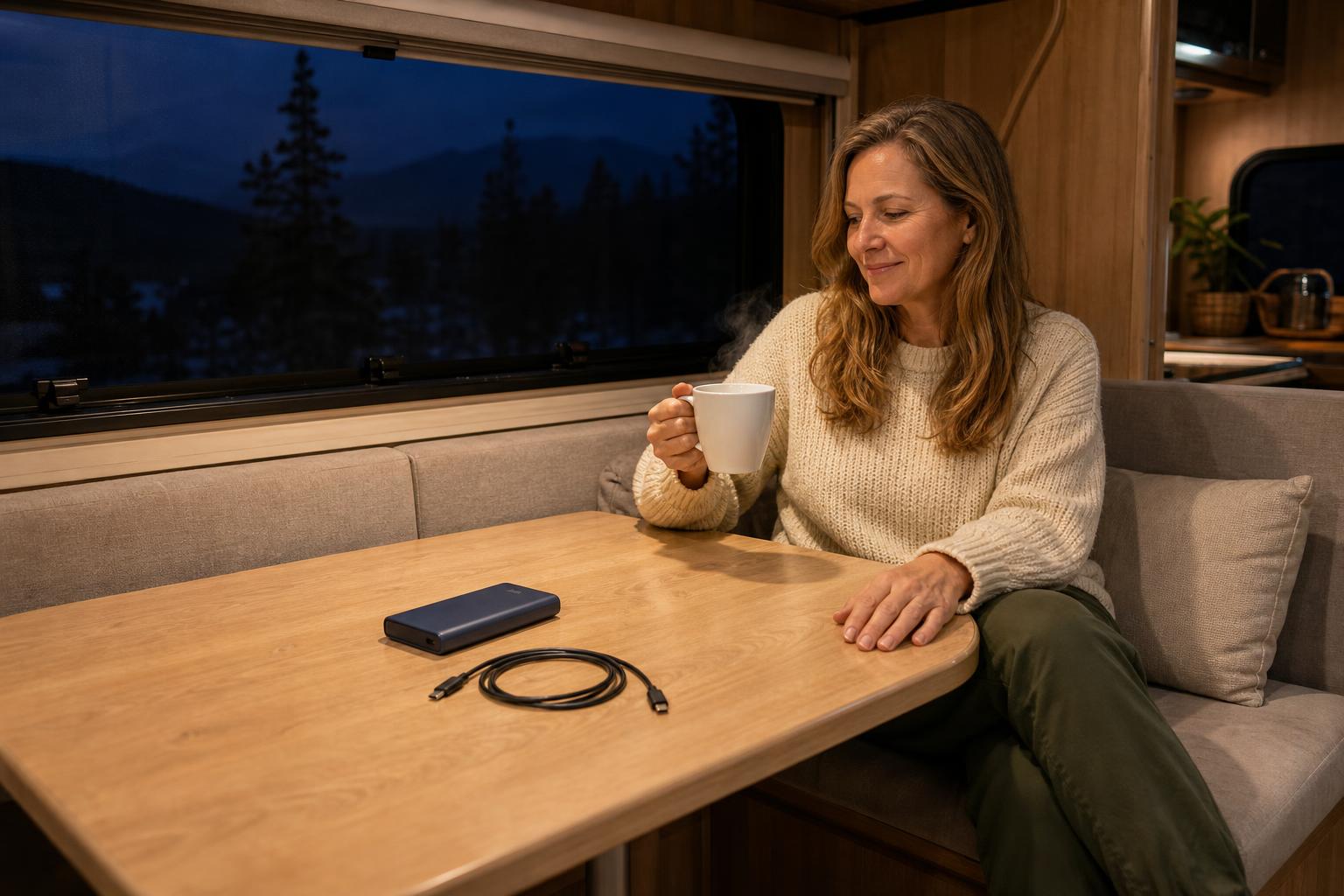 RV owner keeps a power bank and Type-C cable inside the camper as a backup for a dead RV lock battery.