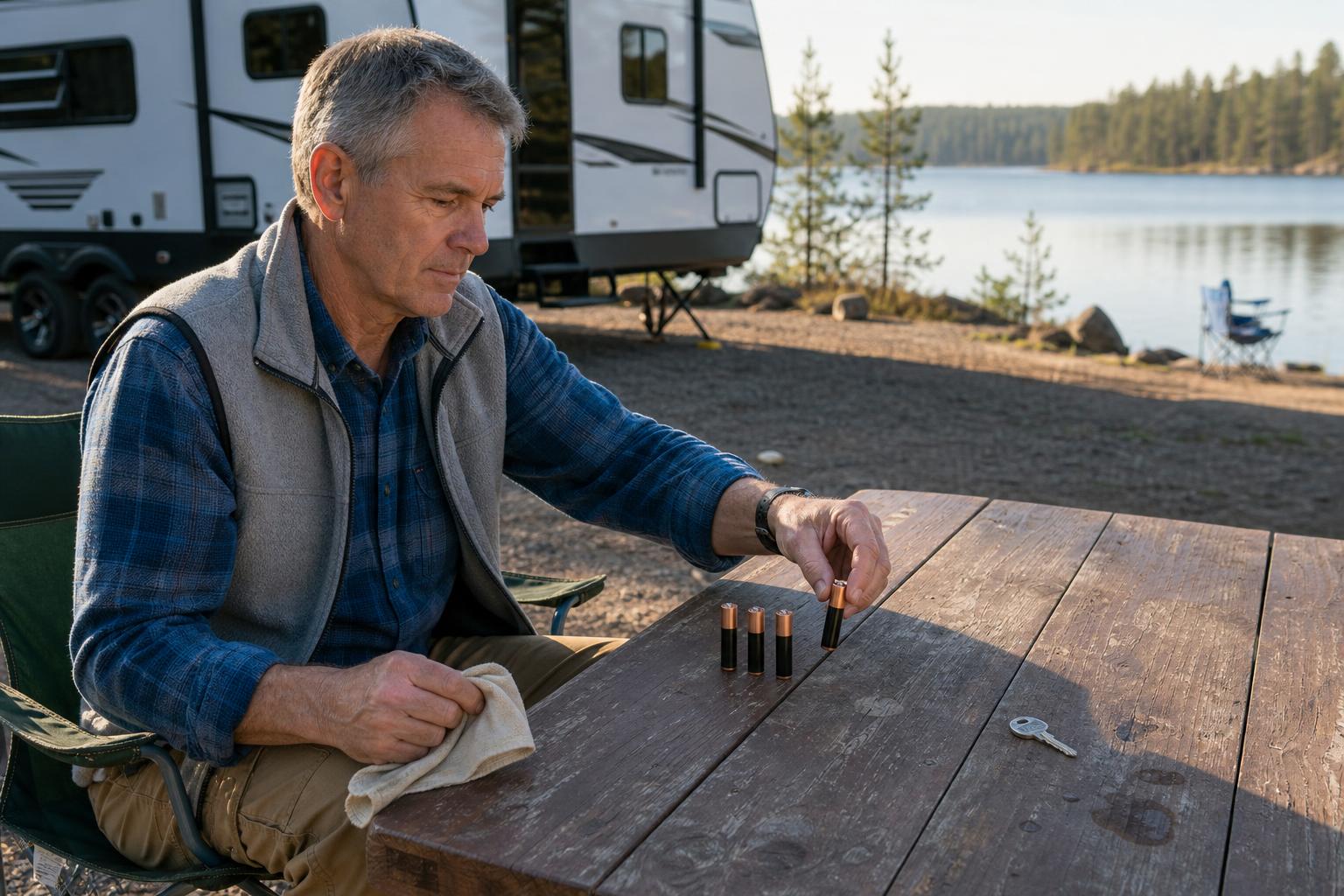 Four fresh AA batteries on a campground table for troubleshooting an RV lock keypad power problem.