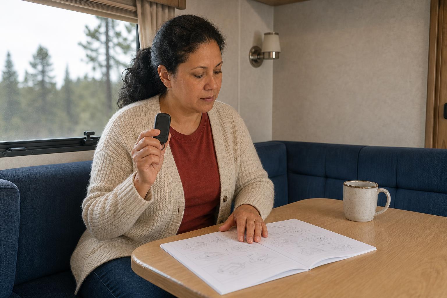 RV owner reviewing her lock manual and holding a remote before re-syncing a non-working RV keyless entry fob.