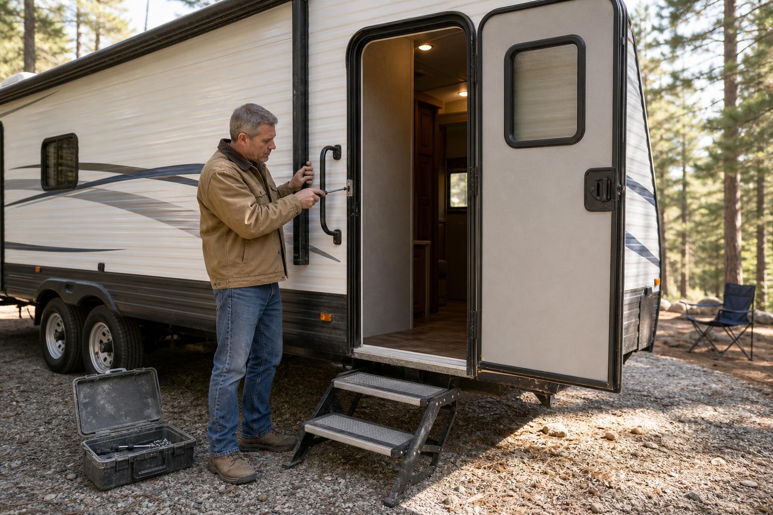 RV owner adjusting the strike plate on a right-hinged trailer door to reduce smart lock battery drain from misalignment.