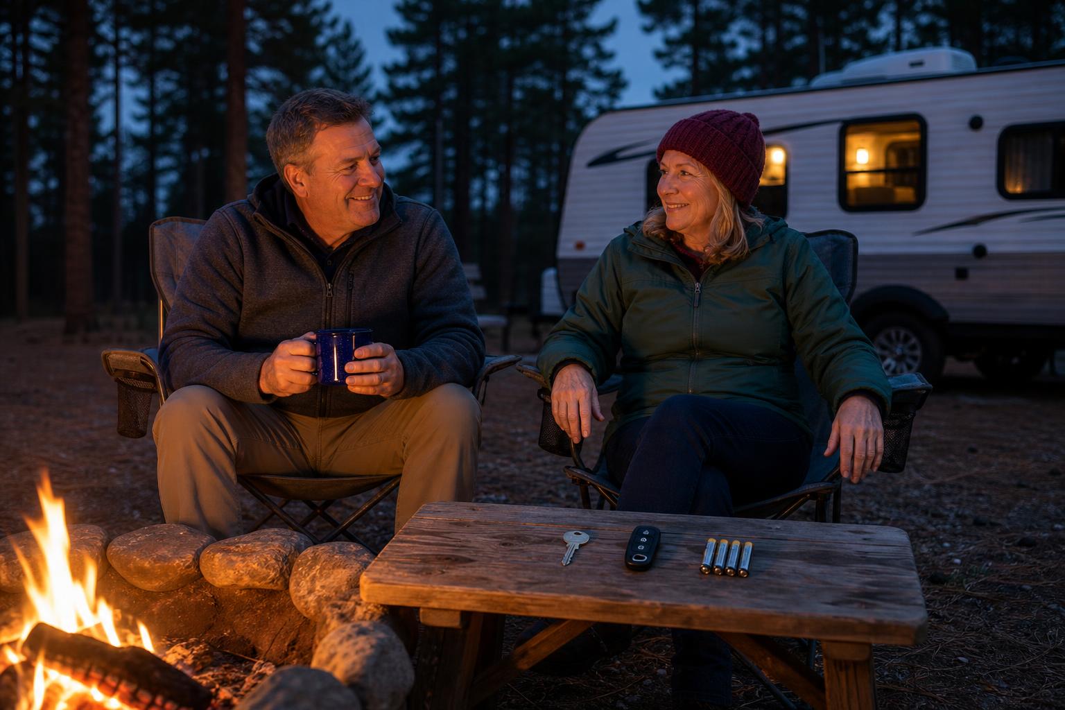 Relaxed RV couple by a campground fire with a remote, backup key, and AA batteries nearby after resolving recurring RV lock remote issues.