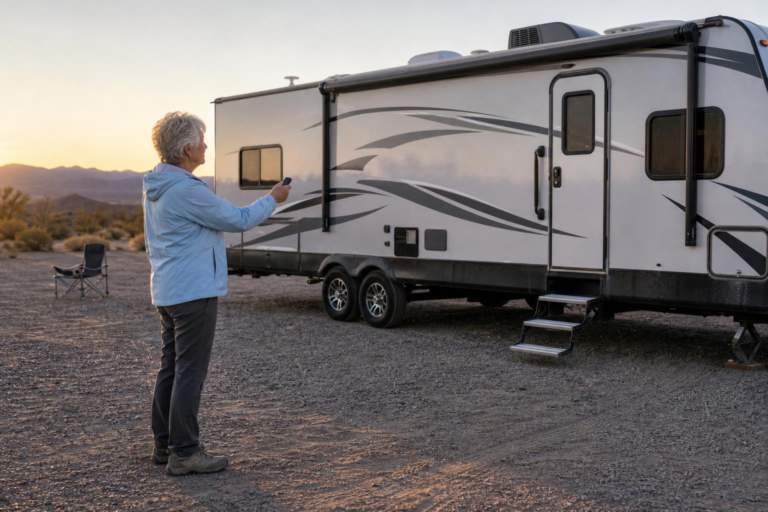 RV owner testing a keyless entry remote from her campsite while troubleshooting a remote that still will not operate the RV lock.