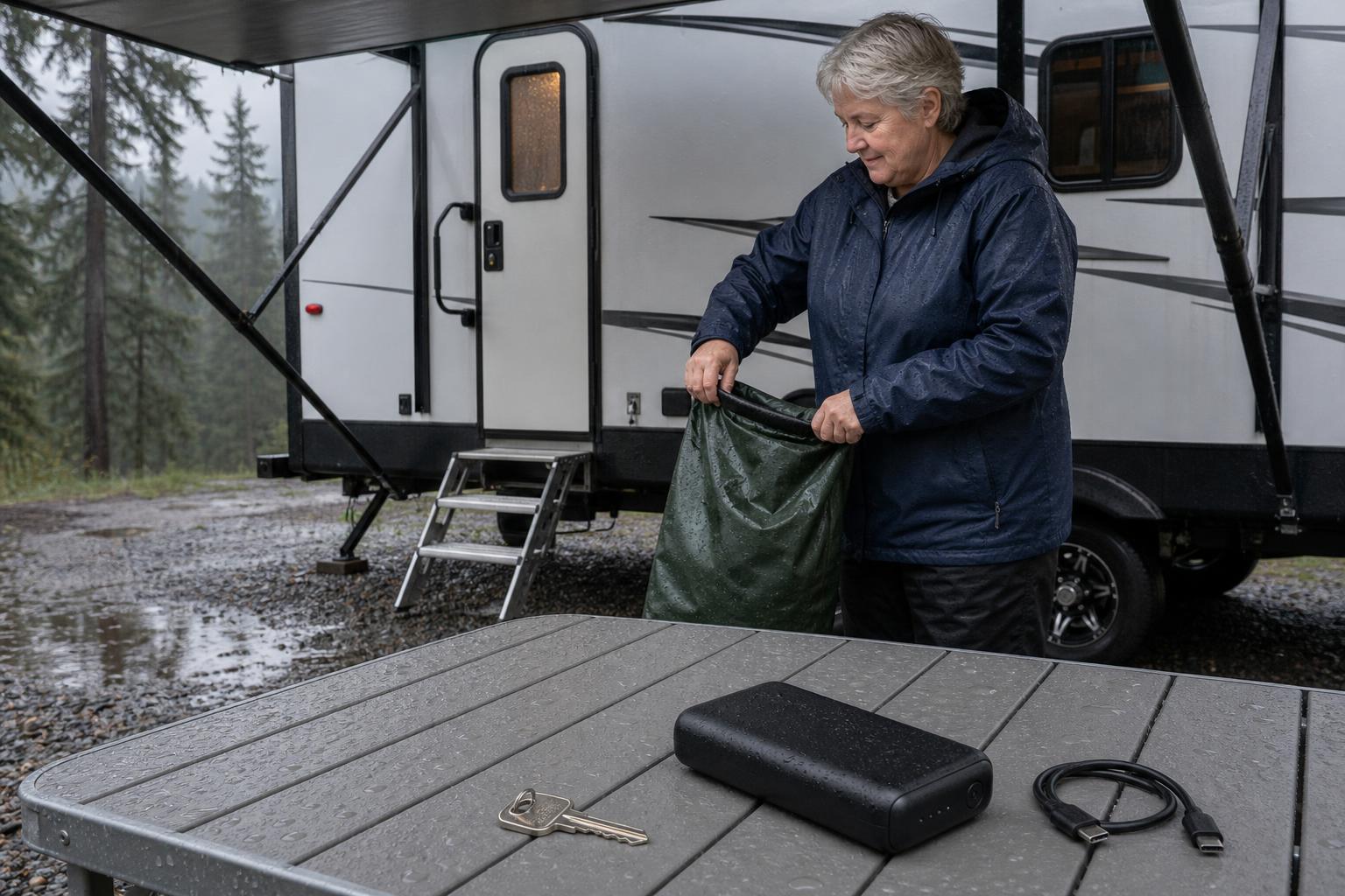 Backup key and portable power bank prepared under an RV awning for a dead smart lock battery emergency.