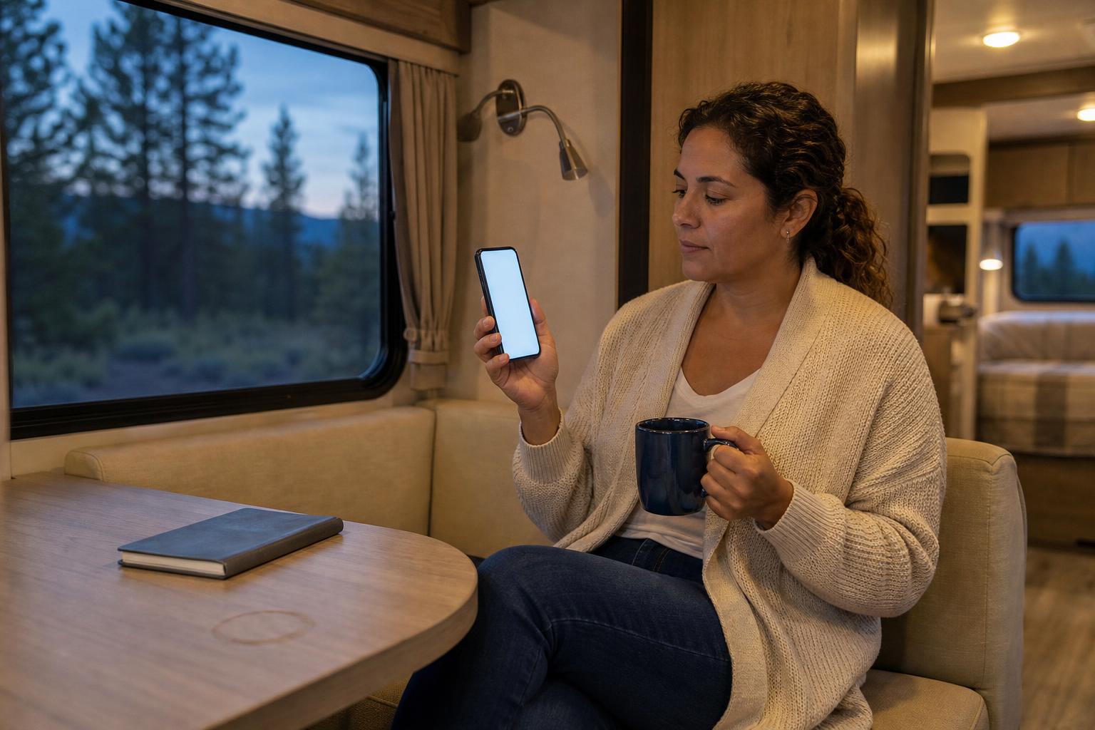 RV owner reviewing smart lock app settings on her phone to reduce unnecessary battery drain.