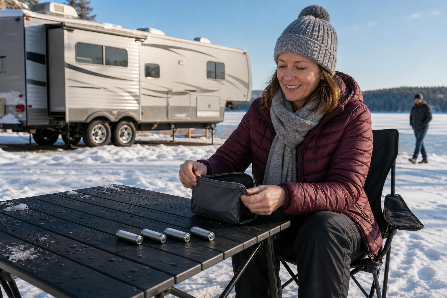 Four lithium AA batteries prepared at a snowy RV campsite for reliable cold-weather smart lock battery life.