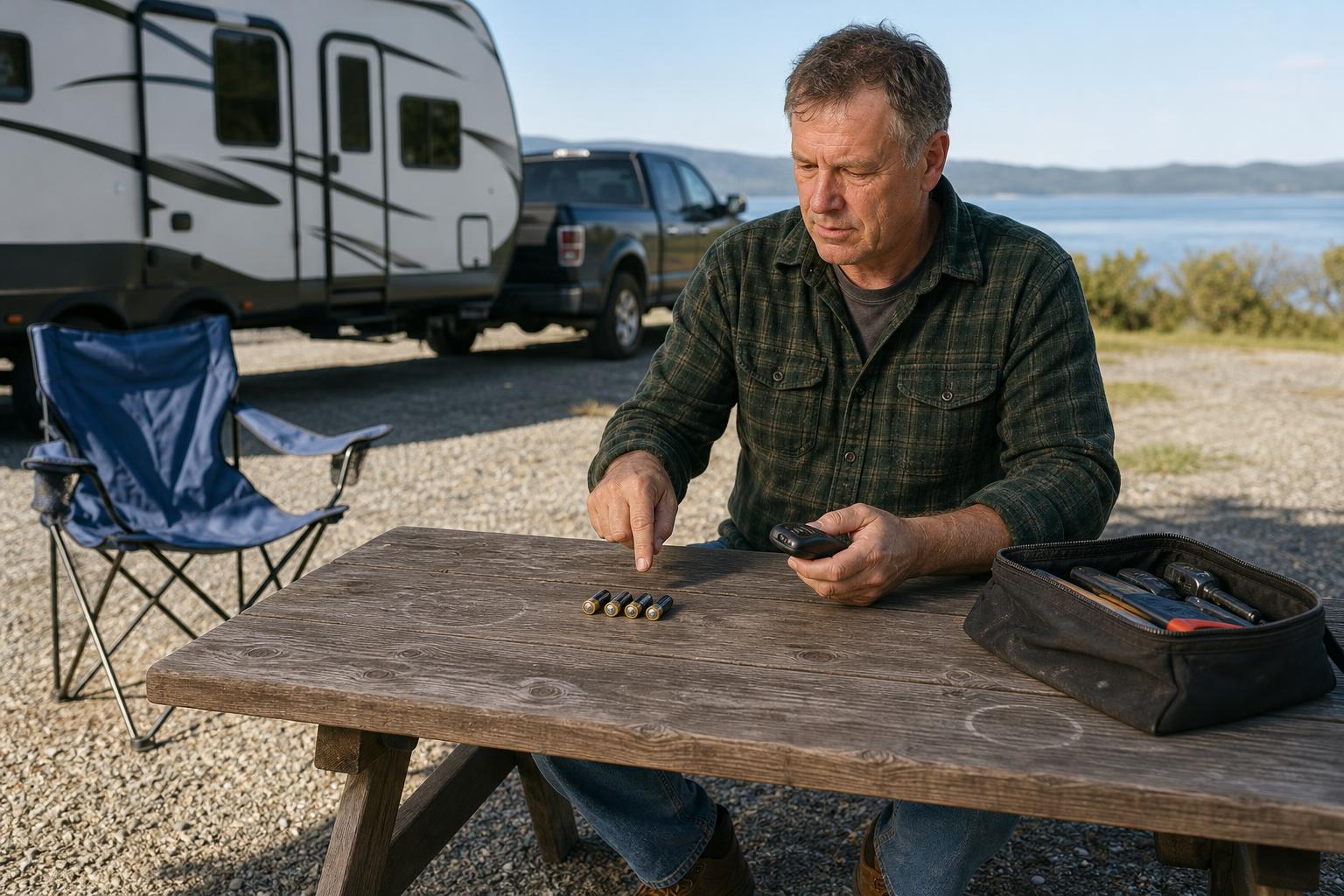 RV owner checking a keyless remote beside four AA batteries at a campground, a practical first step when an RV lock remote is not working.