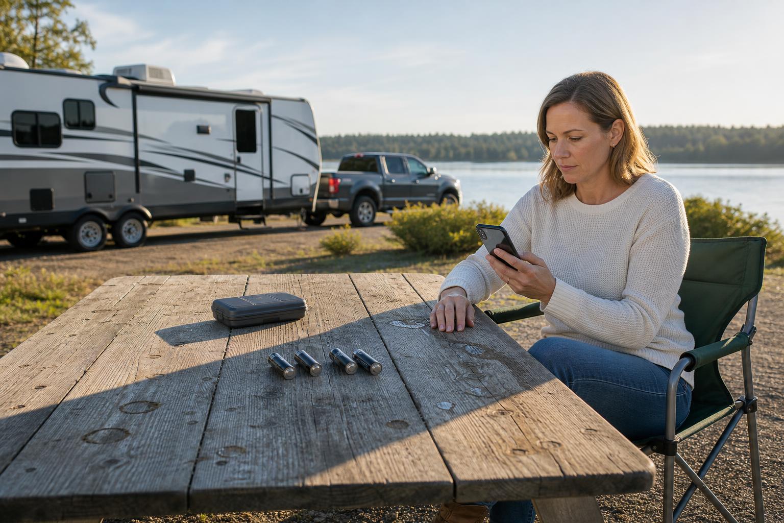 RV owner checks a phone beside fresh AA batteries, preparing for a low battery smart lock alert.