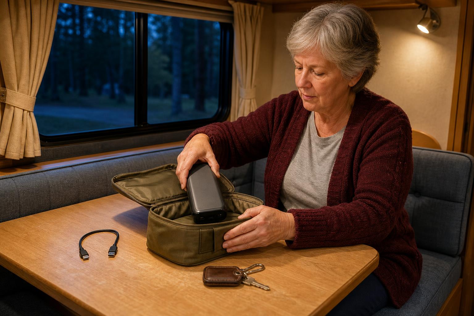RV owner packs a power bank, Type-C cable, and backup key for a dead RV lock battery emergency plan.