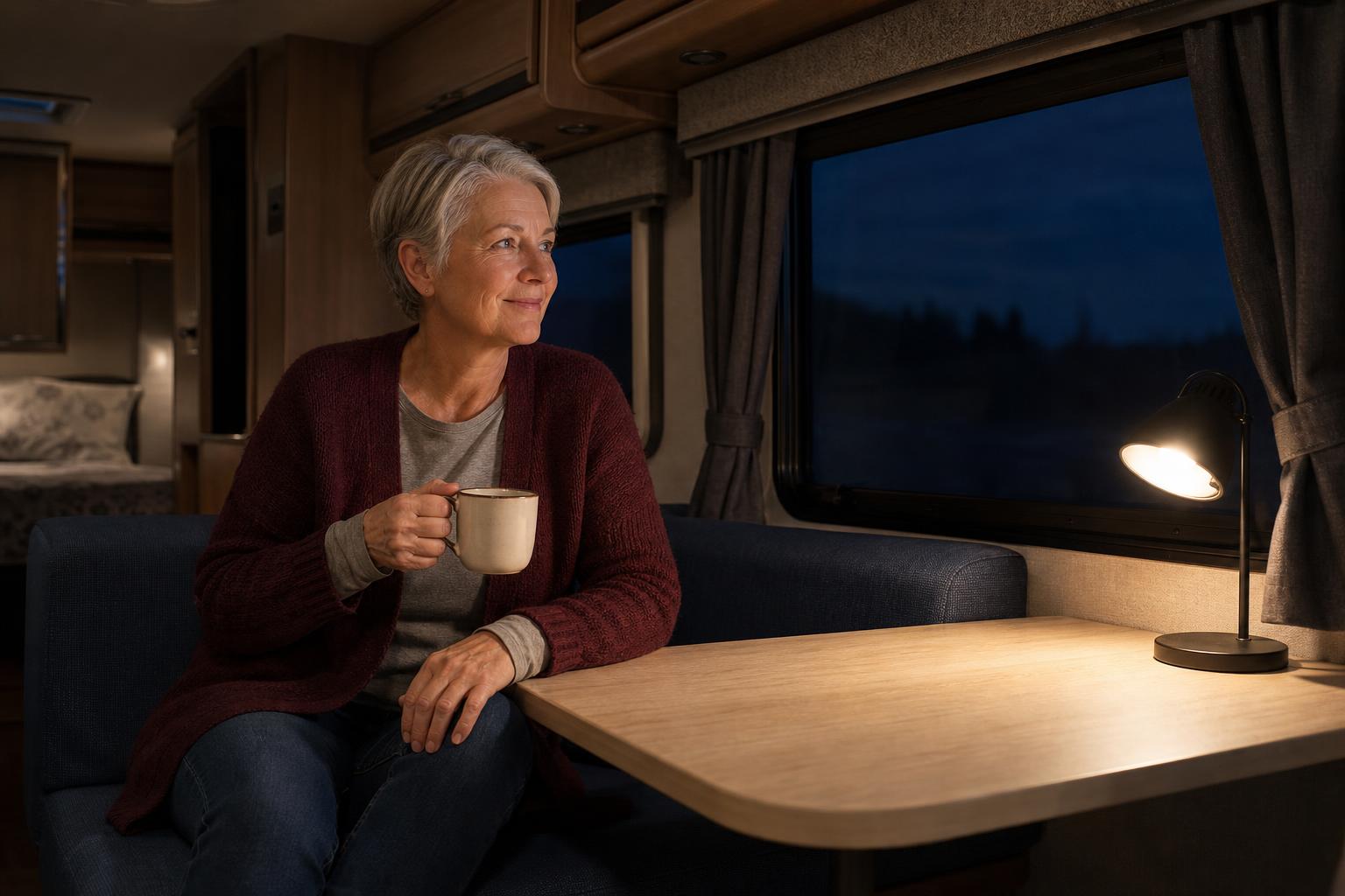 Solo RV traveler relaxing inside a warmly lit trailer after safely managing smart lock security.
