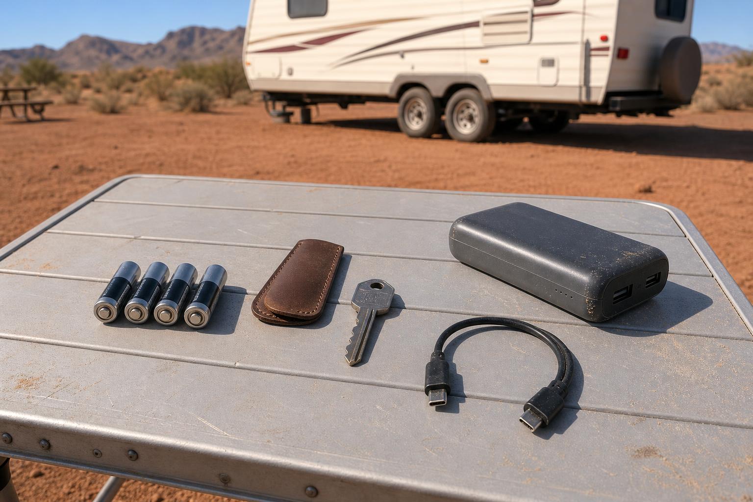 AA batteries, backup key, power bank, and Type-C cable prepared for RV lock low battery emergency options.