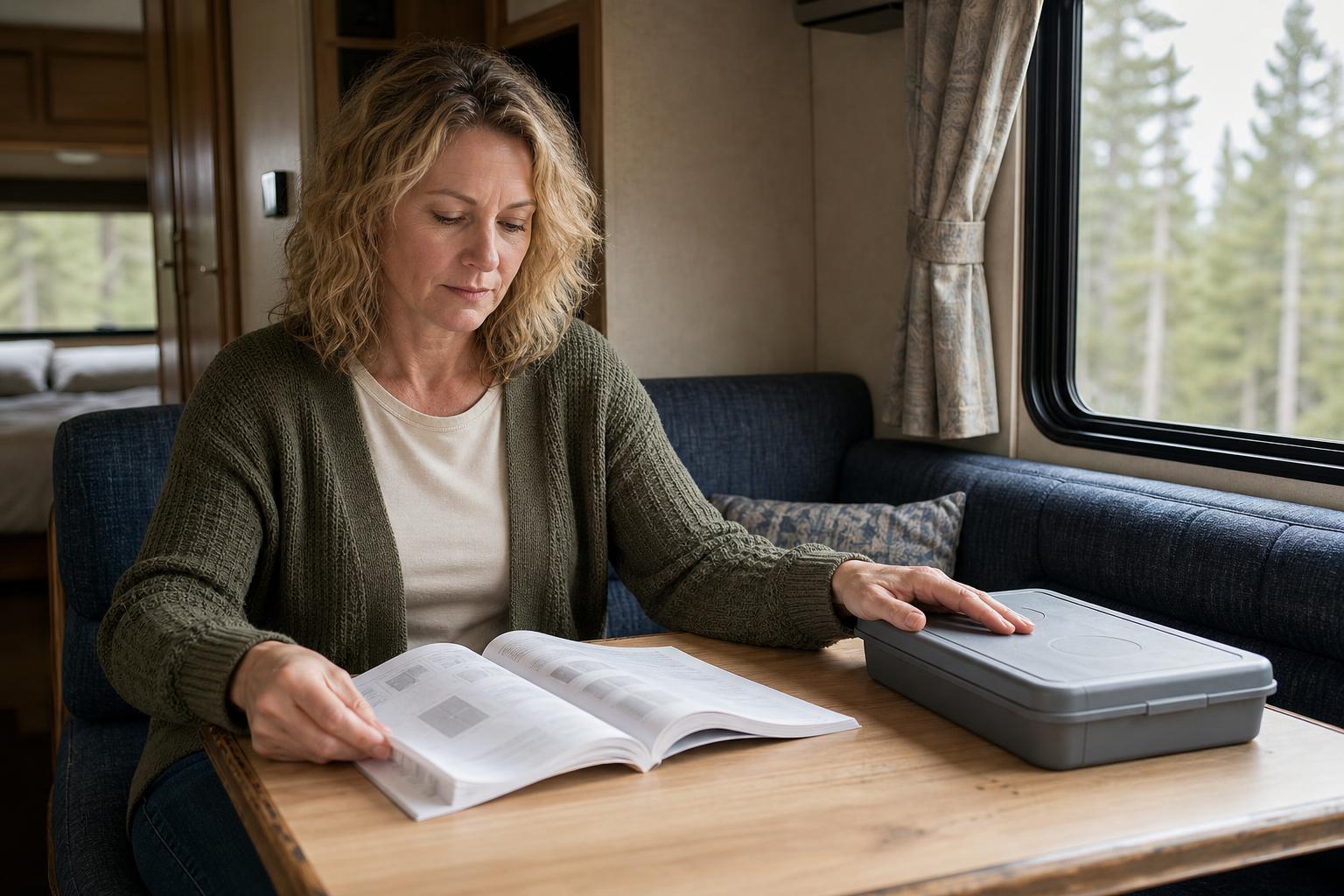 RV owner consulting a user manual before choosing the correct RV smart lock reset method.