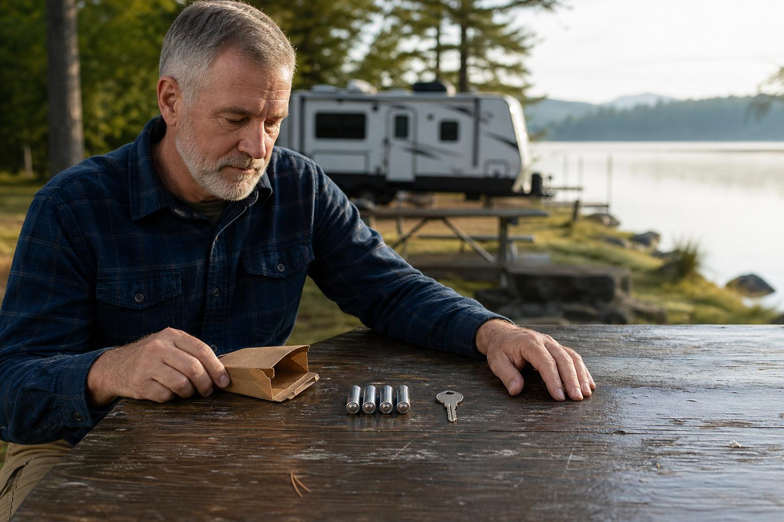 Fresh AA batteries and a mechanical backup key on an RV campsite table for smart lock troubleshooting.