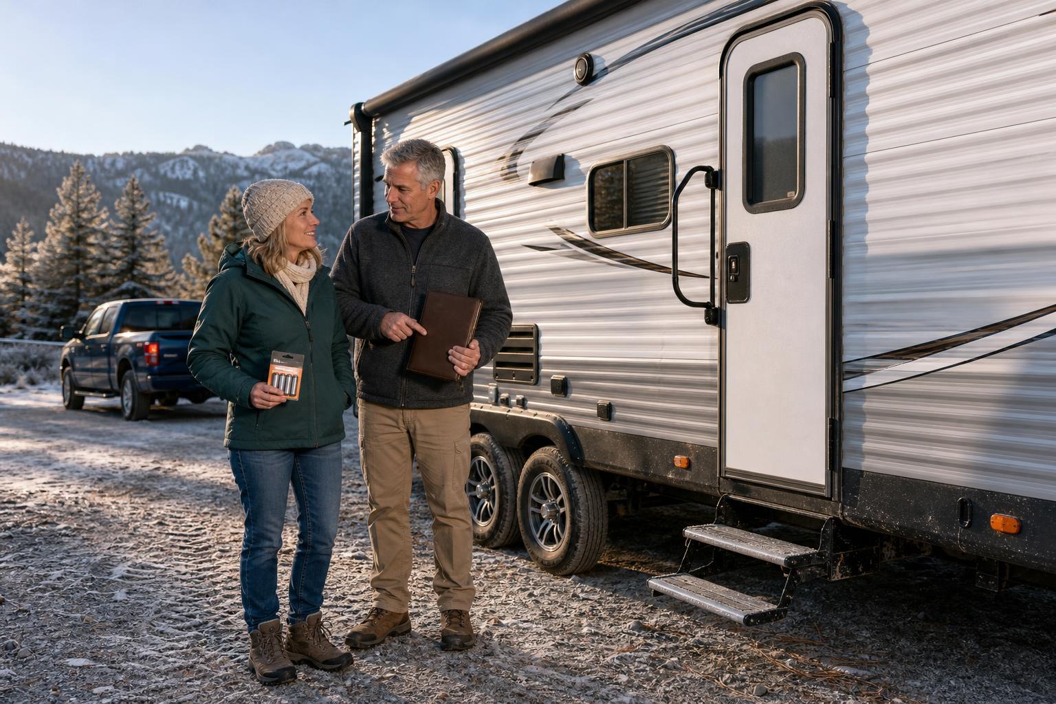 RV couple performs a pre-trip battery check beside their travel trailer to prevent an RV lock low battery lockout.