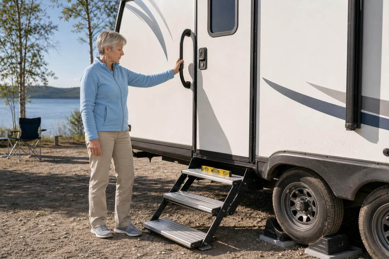 RV owner checks a bubble level on her travel trailer step before troubleshooting an RV door lock that won’t latch.