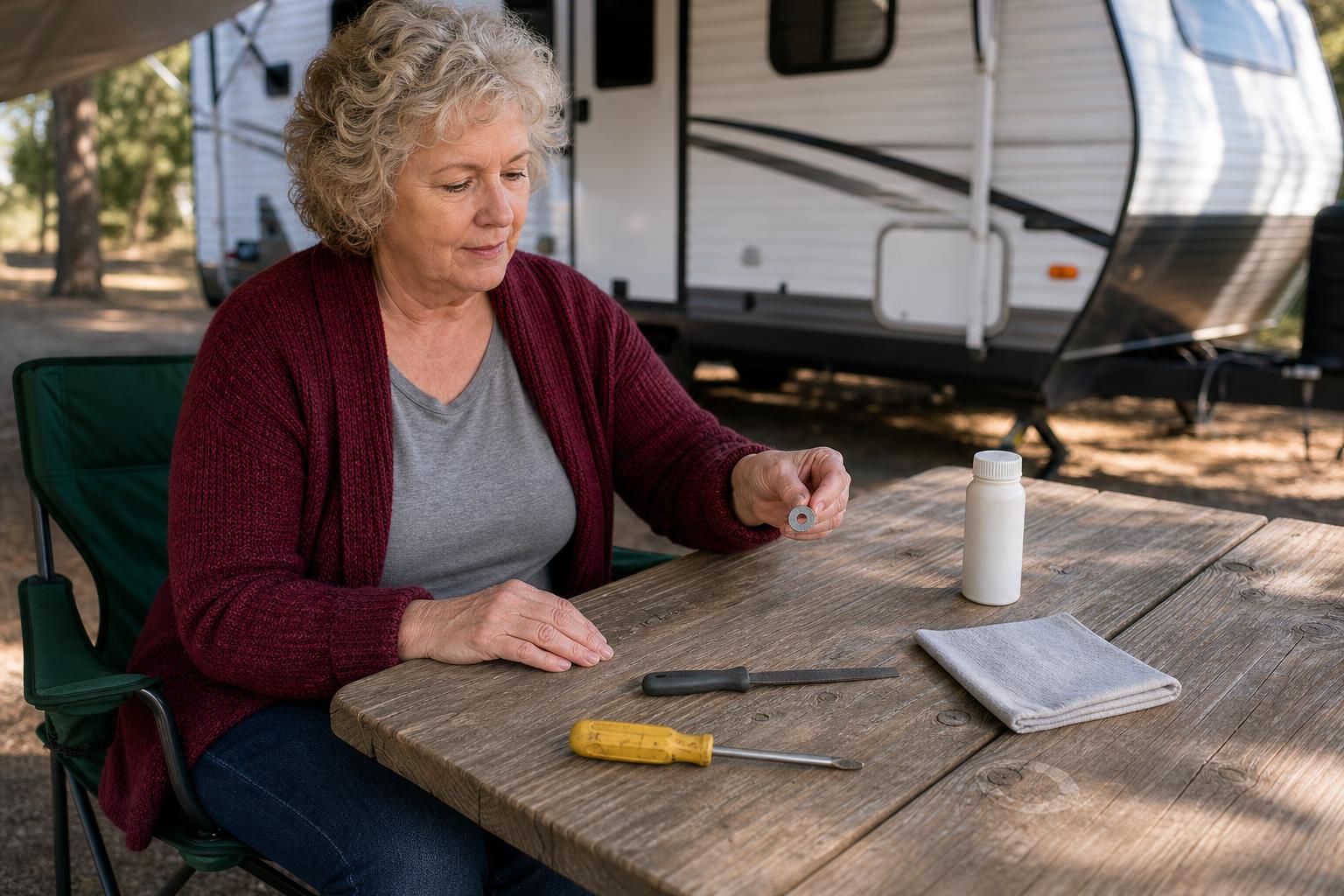 RV owner organizes washers, a Phillips screwdriver, dry lubricant, and a small file for preventive RV door latch maintenance.