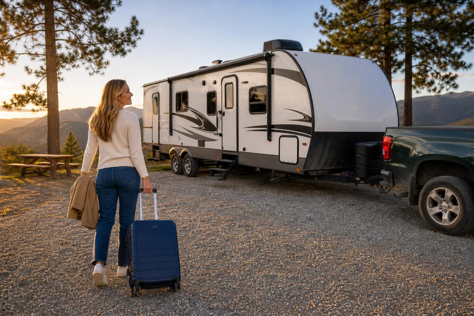 Traveler arrives with luggage at a travel trailer after RV door latch troubleshooting helps ensure a smooth, secure stay.