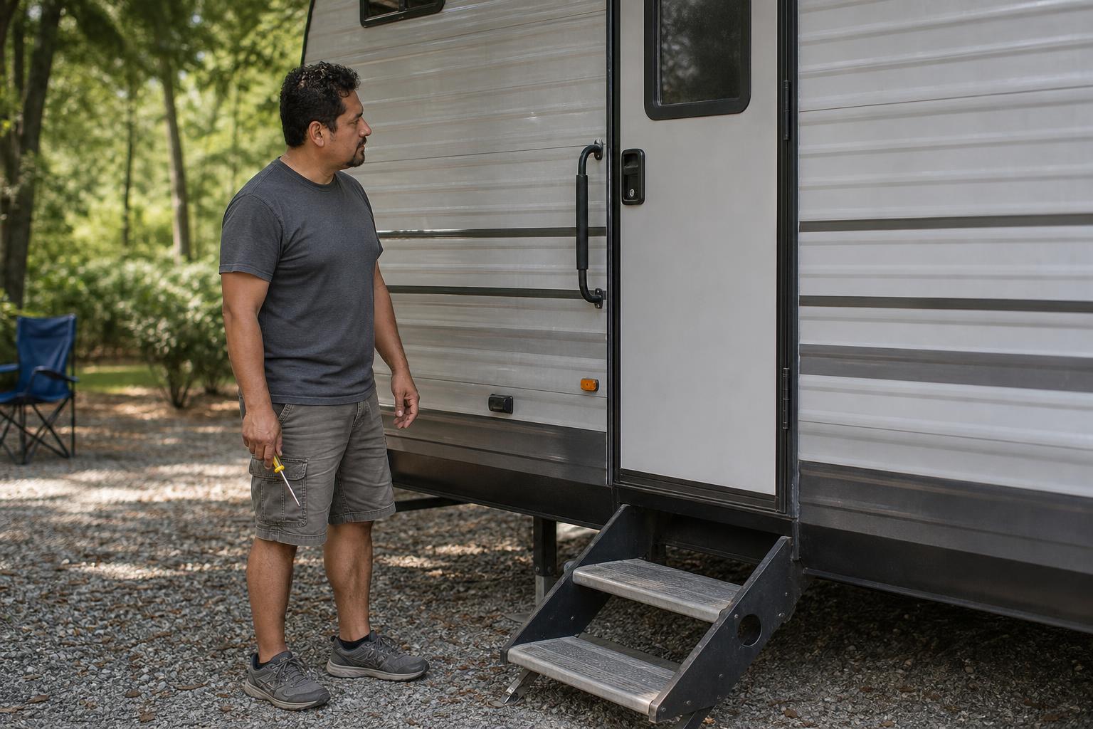 RV owner visually checks the closed entry-door gap before adjusting a misaligned striker plate for an RV door lock that won’t latch.