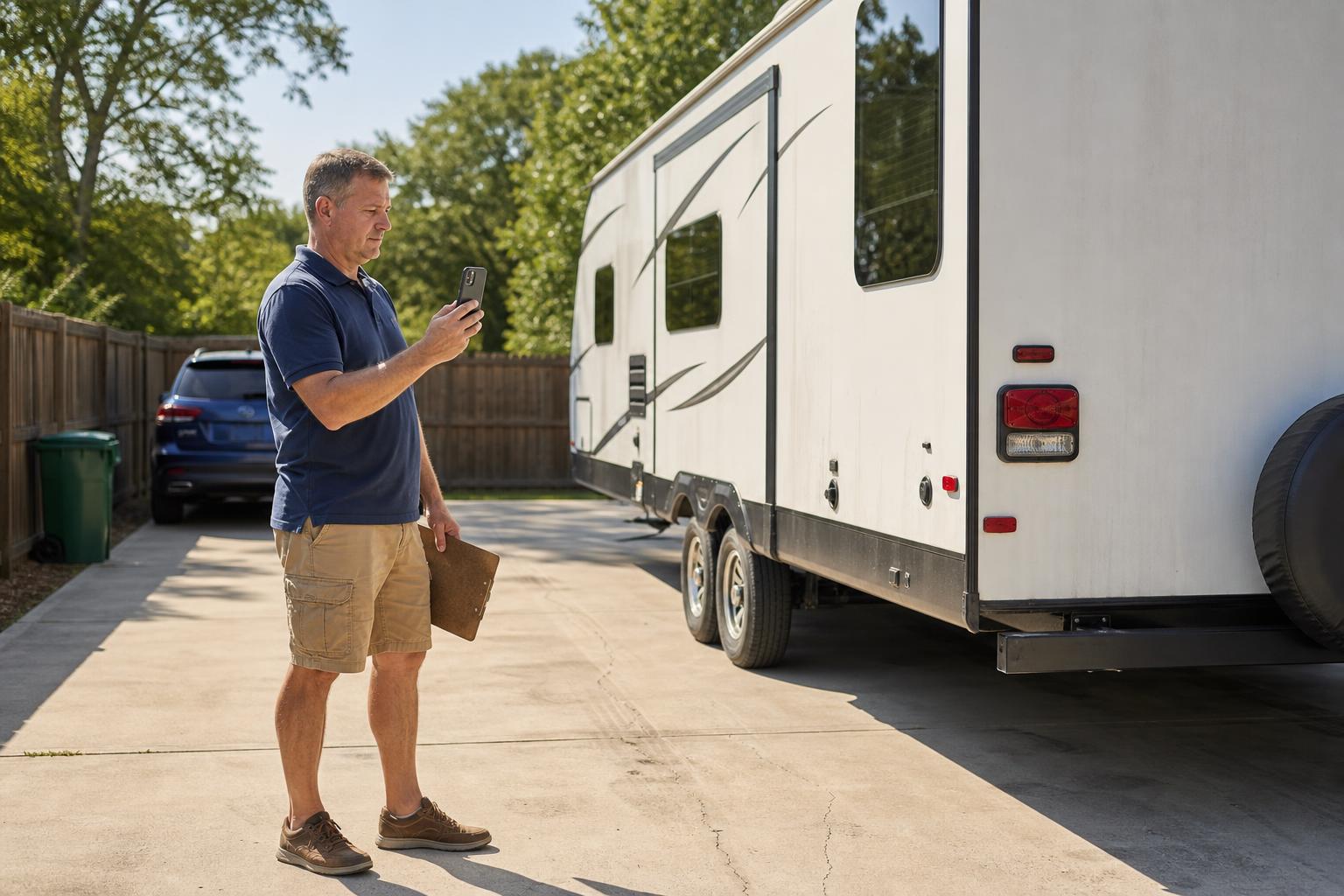 RV owner documenting his travel trailer in a fenced driveway before departure as part of a summer RV security checklist.