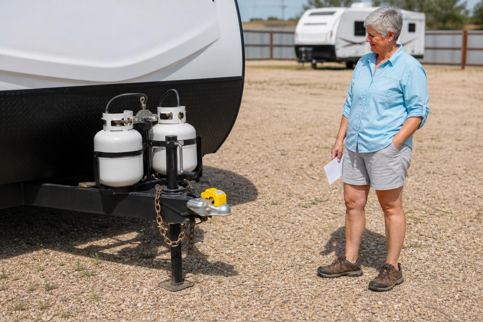 A heavy-duty coupler lock secured on a travel trailer A-frame as part of an RV summer security upgrade.