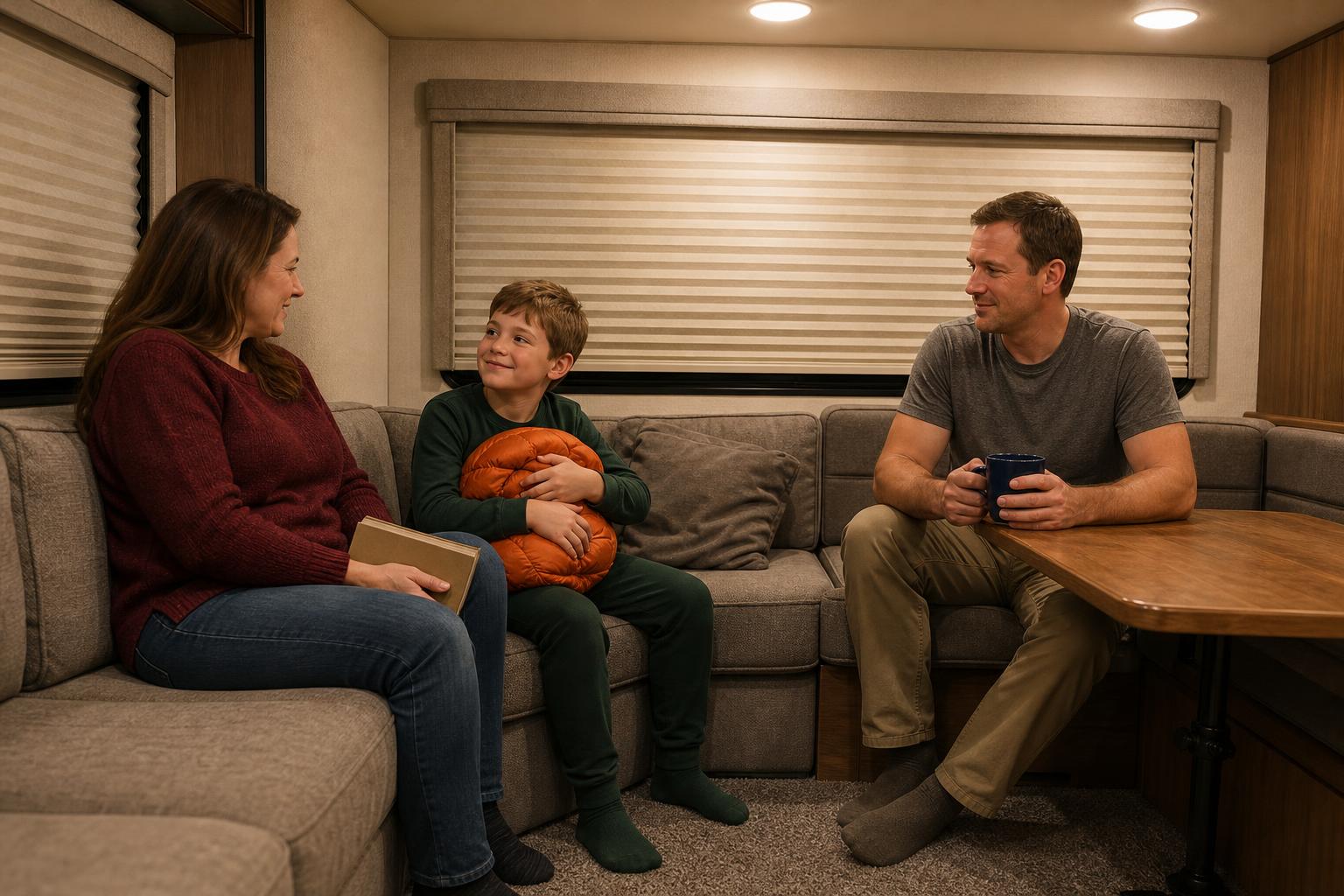 Family relaxing inside a travel trailer at night with the window shades closed as part of a secure RV routine.