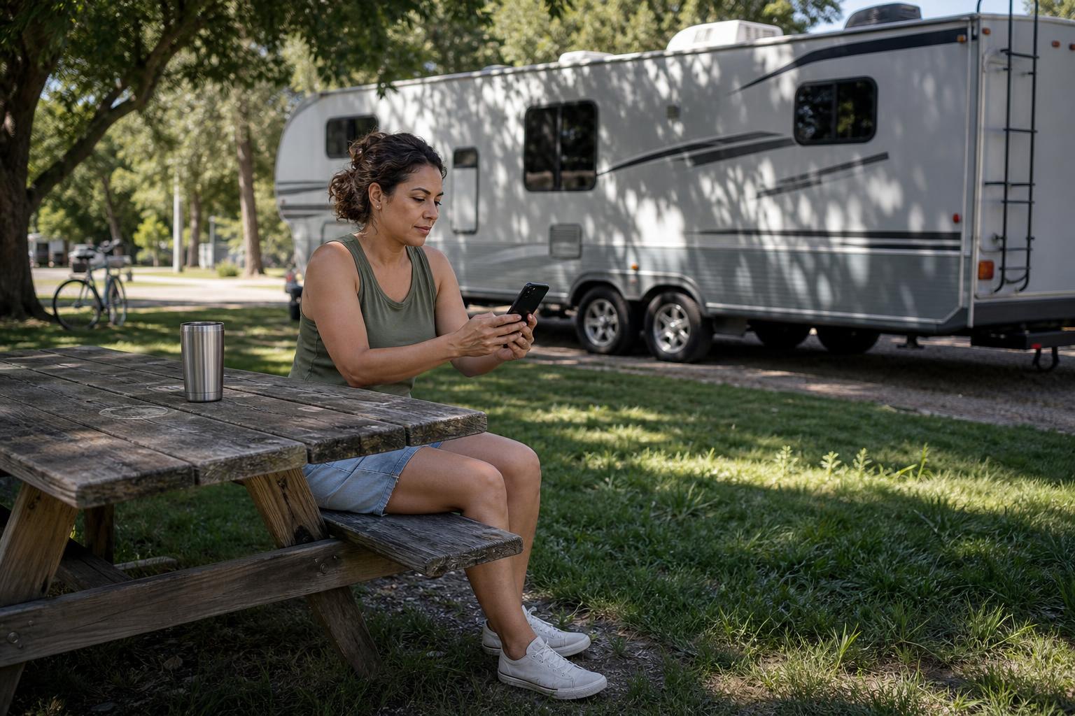RV owner checking a phone at a campground picnic table while her travel trailer is safely parked nearby.
