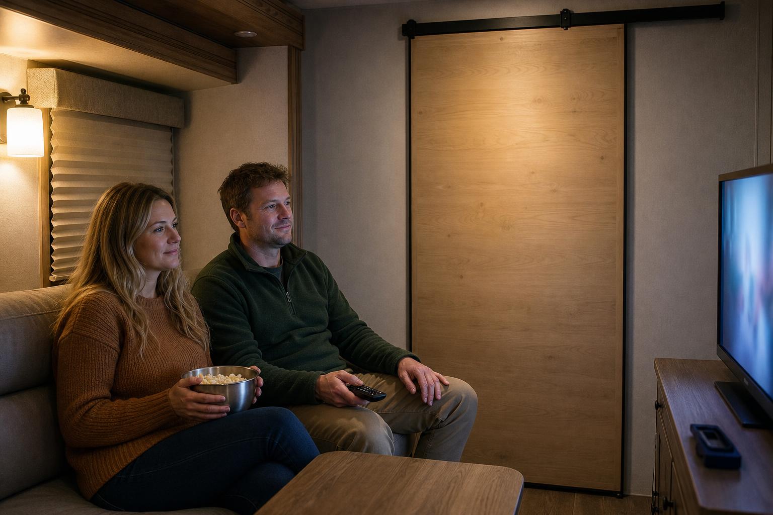 Parents enjoying a quiet movie in their RV living area while a closed sliding door preserves the kids’ sleeping privacy.