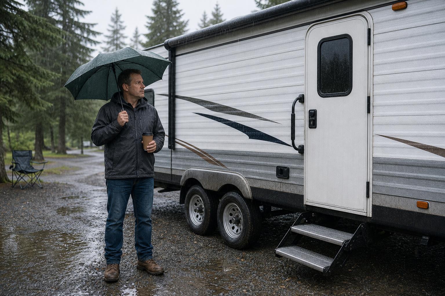 Rain runs down a travel trailer entry door during a long-term RV smart lock weather durability review.