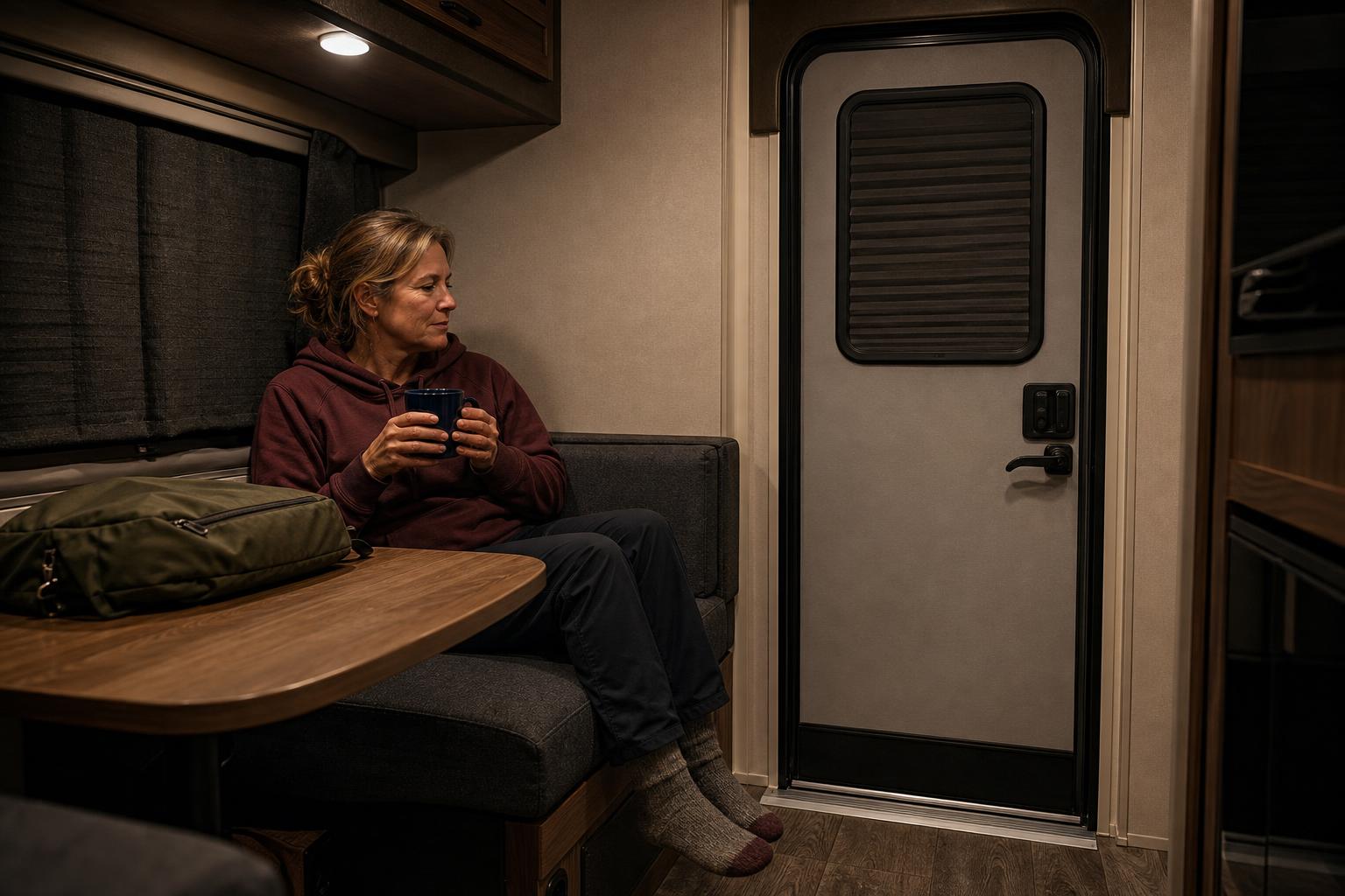 Solo traveler relaxing inside her RV at night with blackout curtains drawn, illustrating secure RV interior privacy.